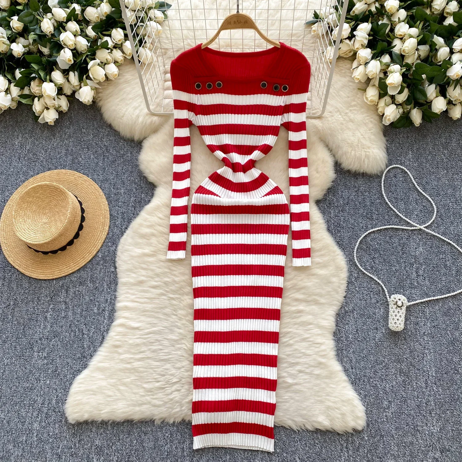 Autumn Knitted Long Striped Dresses Buttons Sweater Long Sleeves Bodycon Maxi Dress Casual 2024 Warm Winter Outfits Women