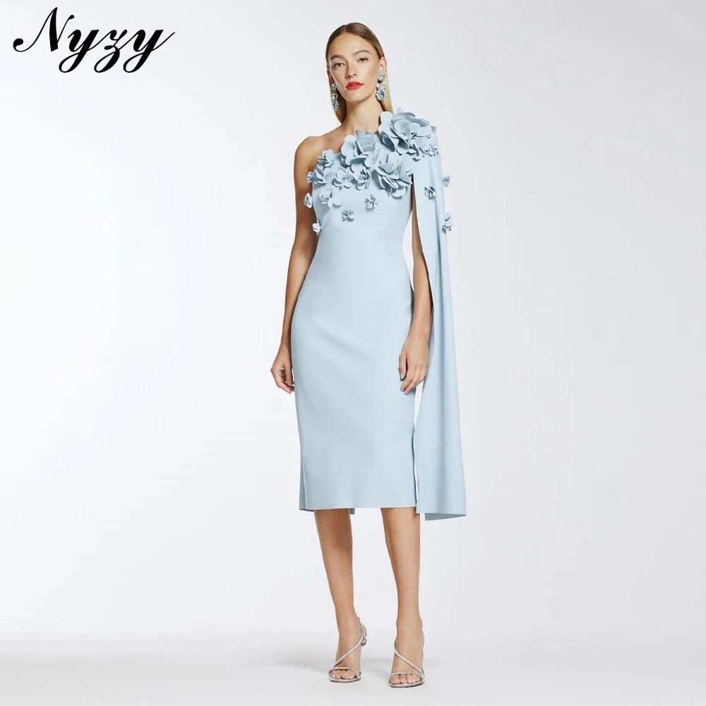 NYZY M434 Elegant 3D Flowers Floral Short Evening Dresses 2025 Grey Blue One Sleeve Celebrity Cocktail Party Gowns Customized