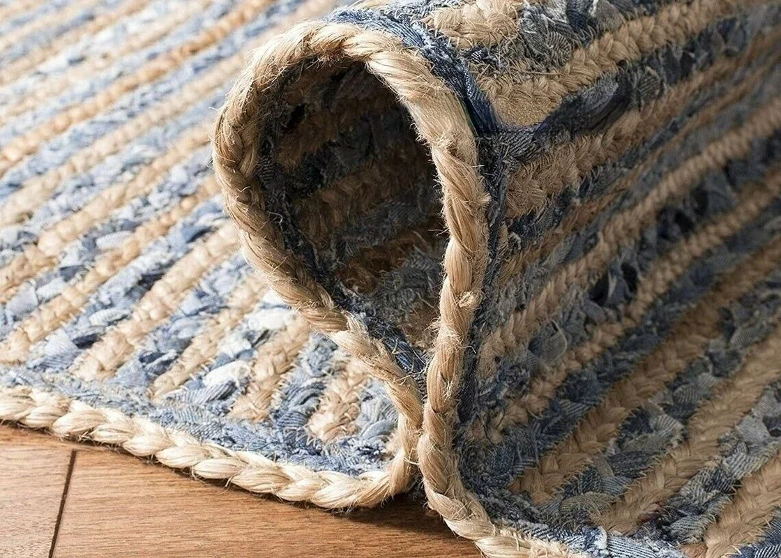 Rug Natural Denim Jute Braided Style Carpet Reversible Modern Rustic Look Rug