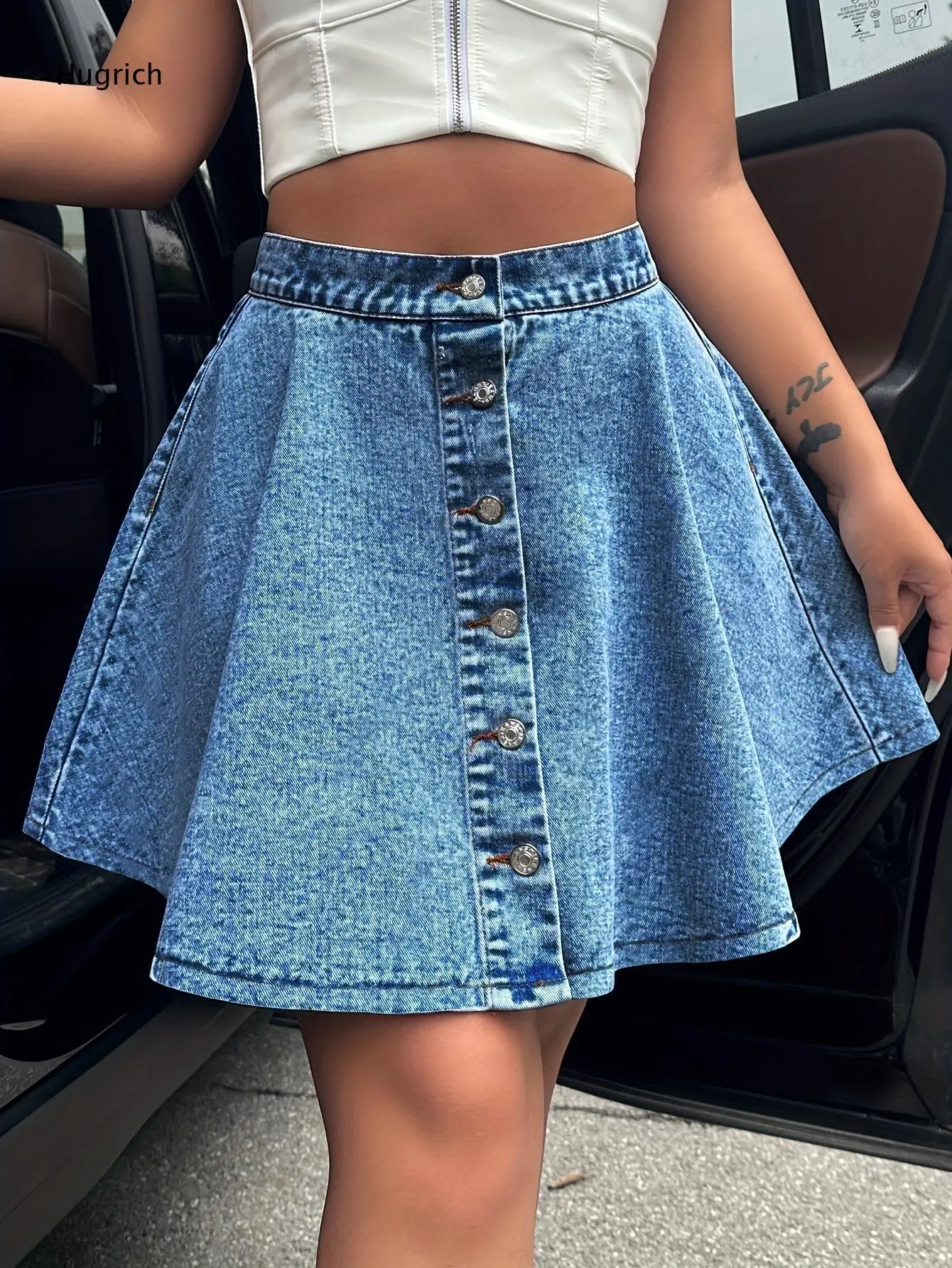 Solid White Denim Flared Mini Skirt For Women High Rise Waist All Front Buttons Swing Jean Skirt Daily Street Bottom view 5