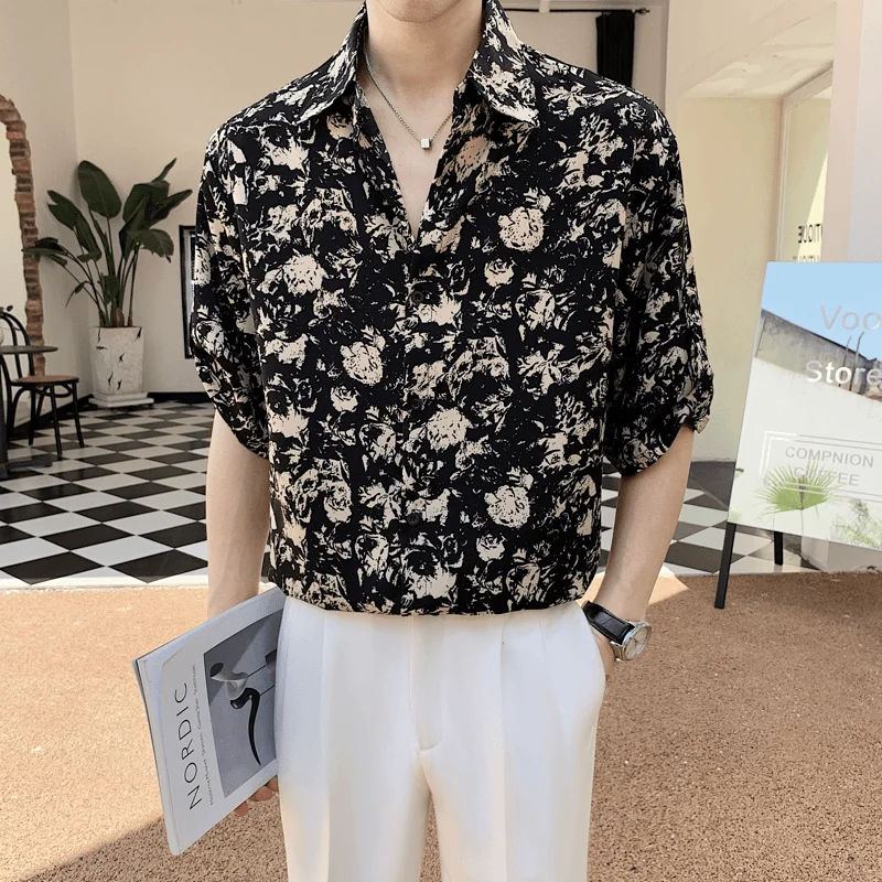 

Broken Flowers Vintage Printed Shirts Men's Clothing Turn-down Collar Summer Short Sleeve Stylish Single-breasted Loose Shirts