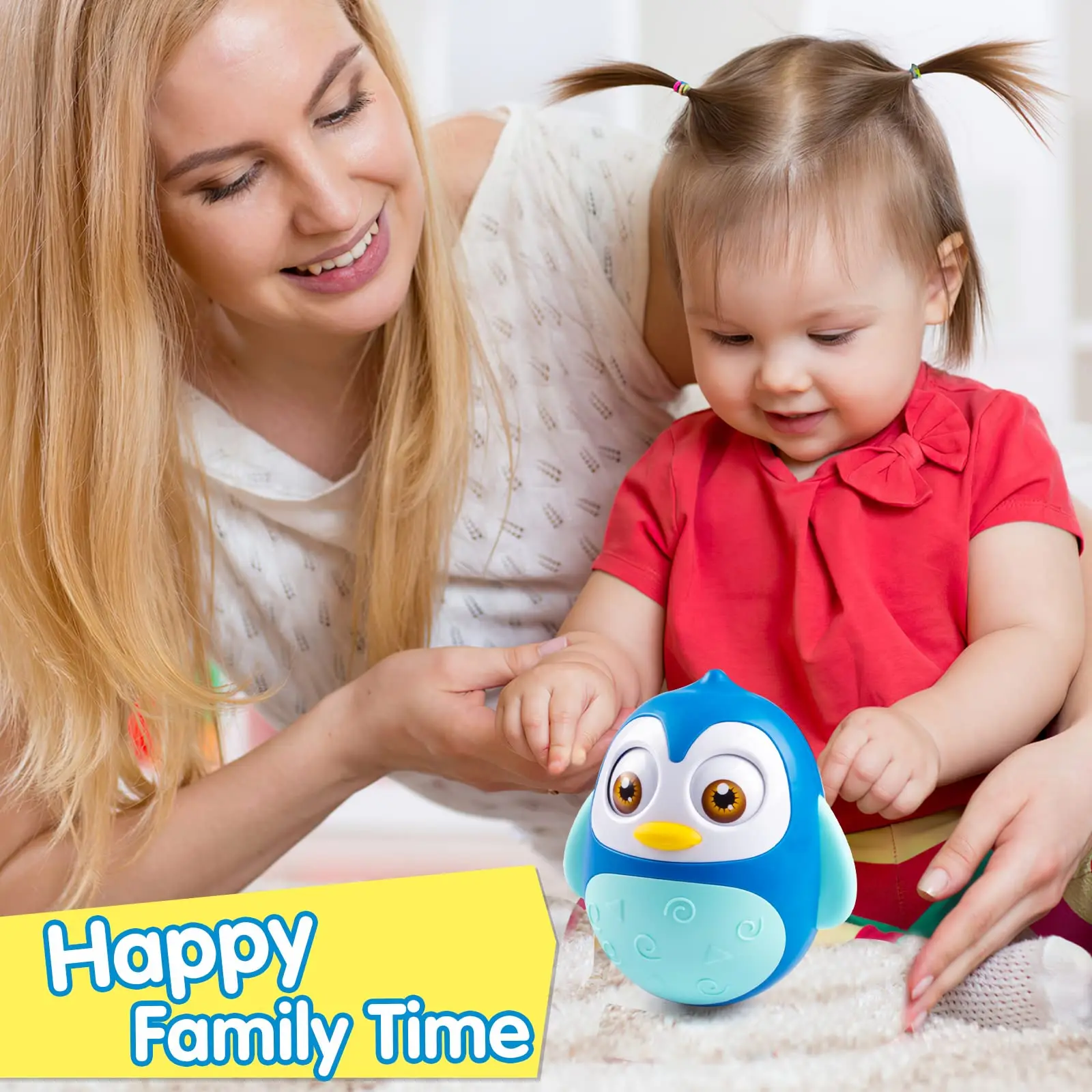 Baby Penguin Roly Poly Toys for 0-18M Infant Tummy Time Tumbler Wobbler Toy Bell Blink Eyes Newborn Rattles Silicone Teether