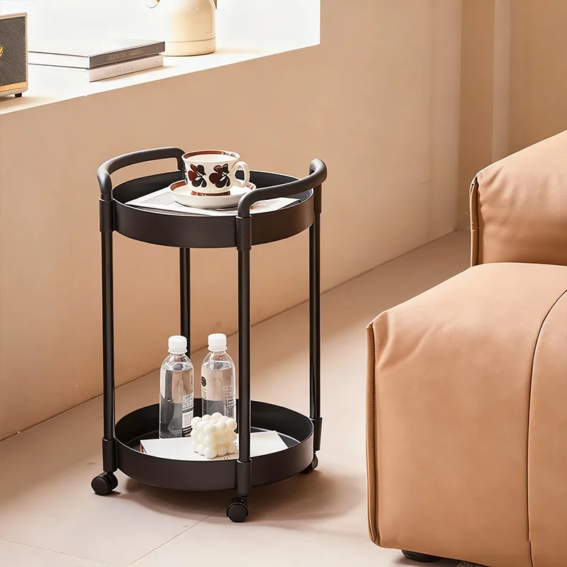 2-Tier Round End Table With Wheels Plastic Portable Movable Side Table Household Small Round Side Table For Living Room Bedroom