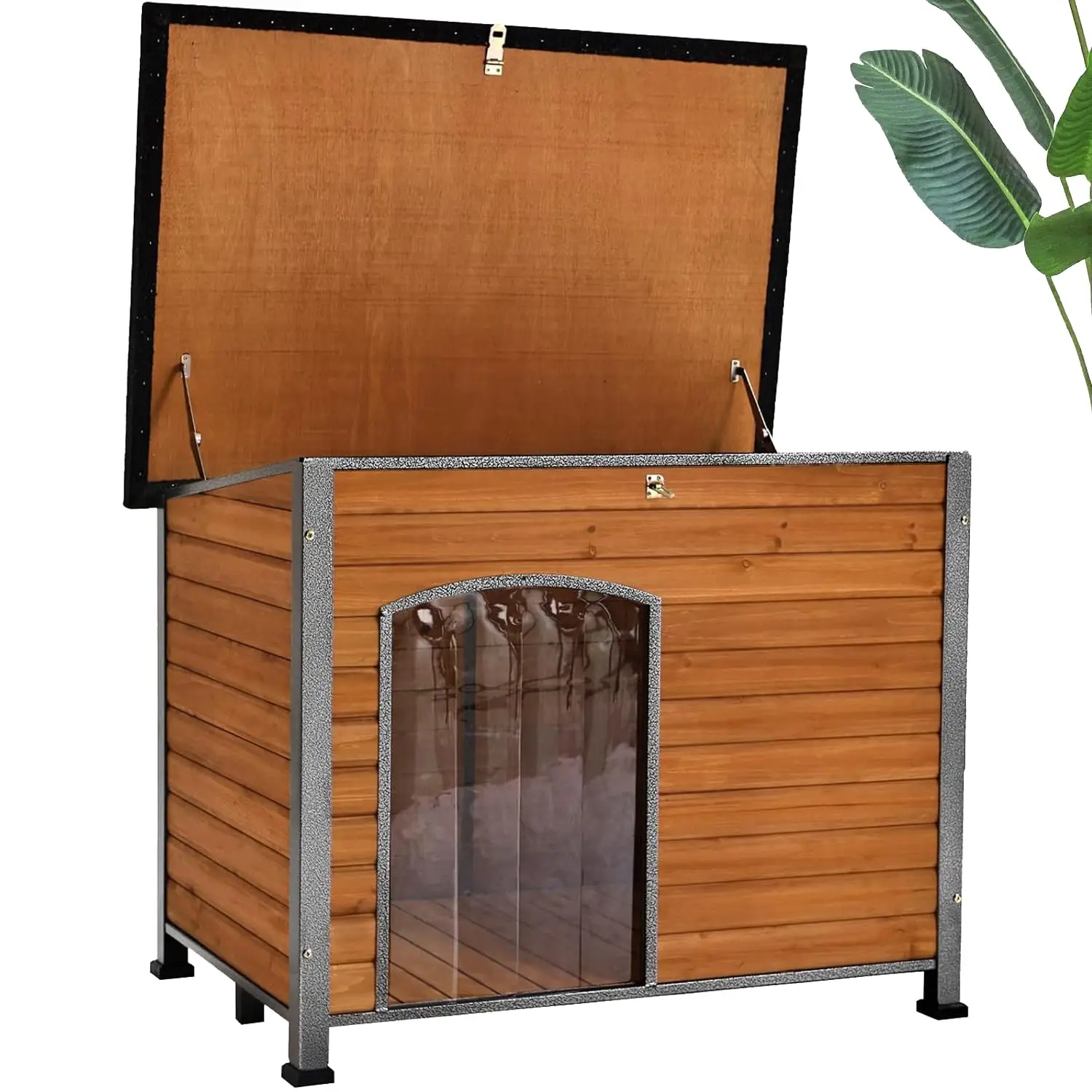 Wooden Dog House Outdoor with Iron Frame, Weatherproof Dog Kennel with Removable Floor, Anti Bite Puppy Shelter with Openable