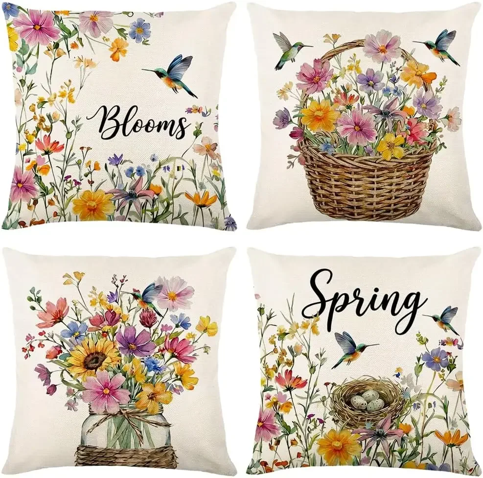 Throw Pillow Covers, Flower Basket Print Cushion Covers, Letter Decorative Pillowcase  Sofa Couch Living Room Home Decor