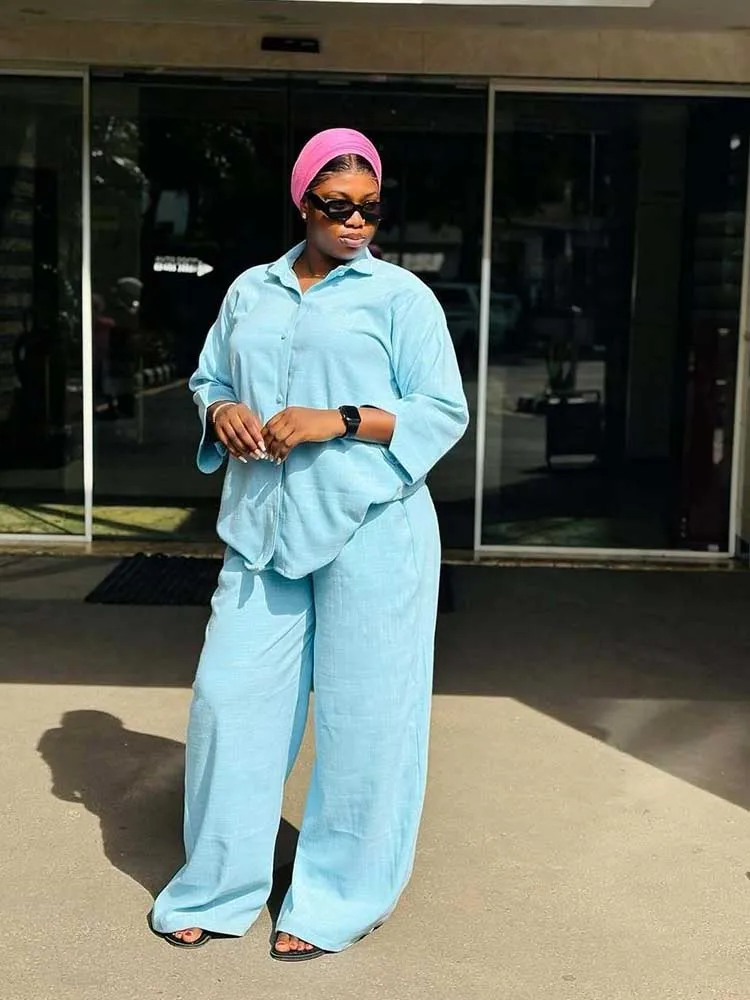 

Woman 2 Piece Set Outfit Casual Wear Summer Outfits Wrist Sleeve Shirt and Pants Set Sky Blue Suit Pants Wholesale Dropshipping