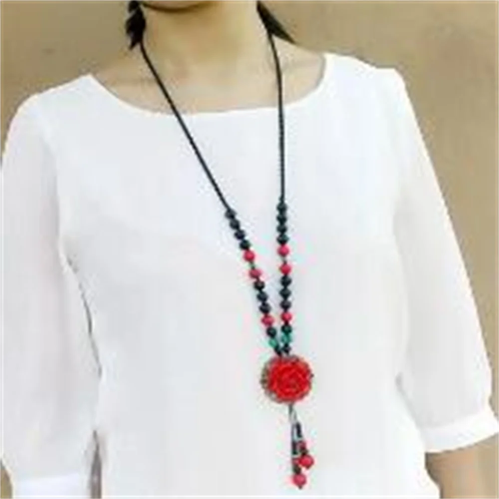 National wind flower sweater chain paint carved roses necklace red cinnabar hanging long tassels