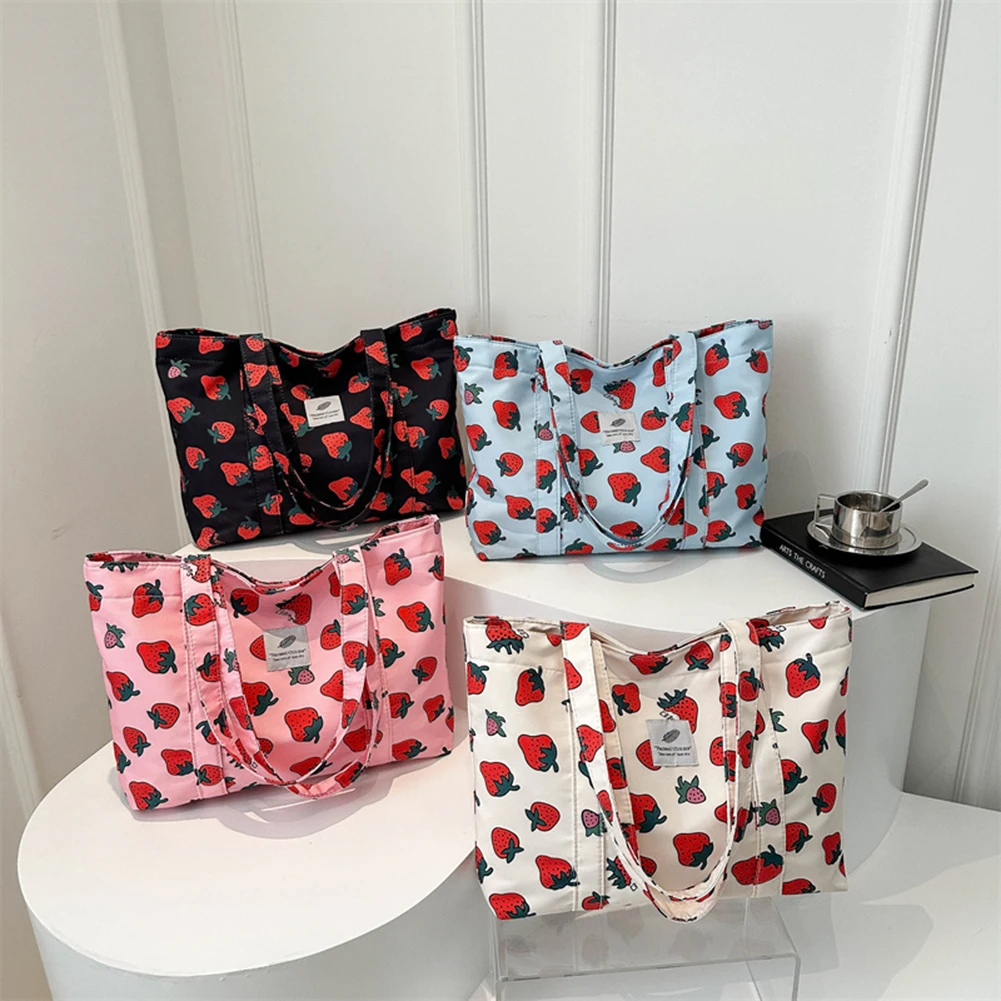 Cute Cherry Strawberry Print Casual Tote Bag Large Capacity Satchel Purse Nylon Top Handle Bag Women Grocery Fashion Shopp Bag