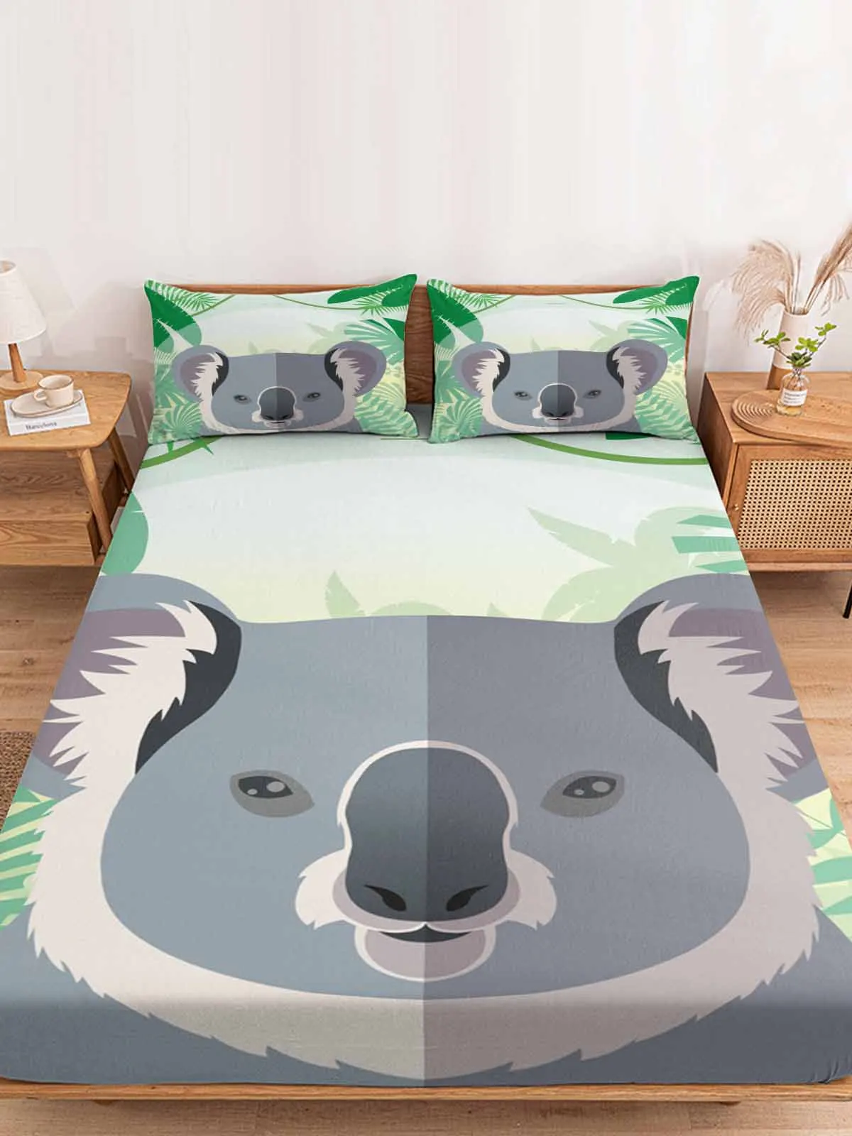 Koala Cartoon Leaves Queen Size Bed Mattress Fitted sheet Elastic Rubber Band Non-slip Bed Sheet Pillowcase Set