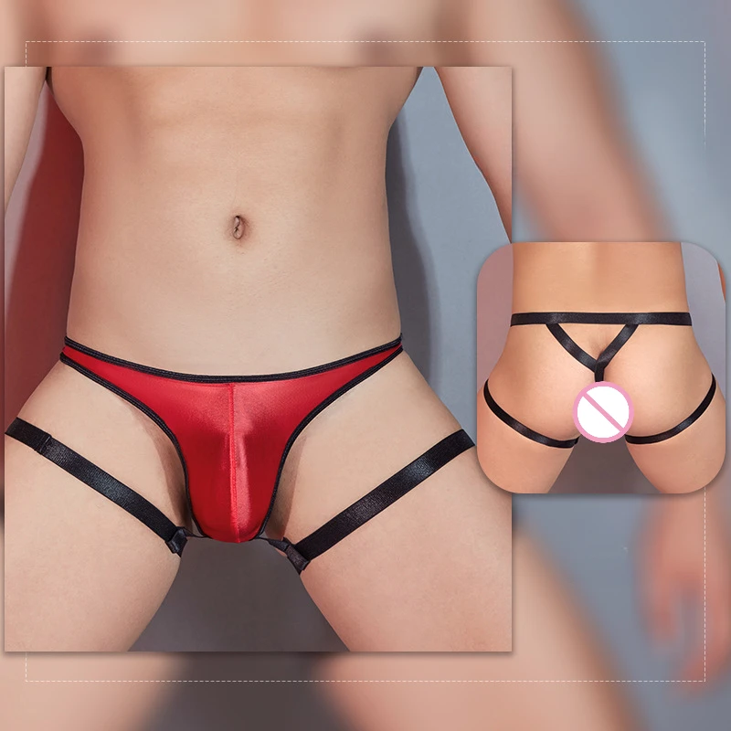 Men Sexy Jockstrap String Open Butt Thong Lingerie Sexy Oil Shiny Sheer Underwear Bundled Transparent Elastic Gay Underpants