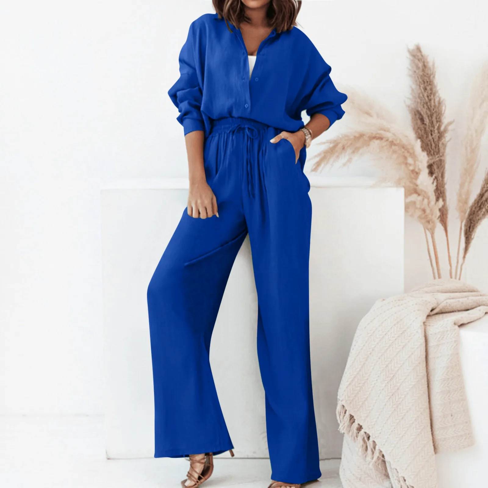 

Loose Pant Sets For Women 2 Pieces Loose Shirts And Pants Two Piece Set For Women Long Sleeve Shirt And Wide Leg Pants Suit 2024
