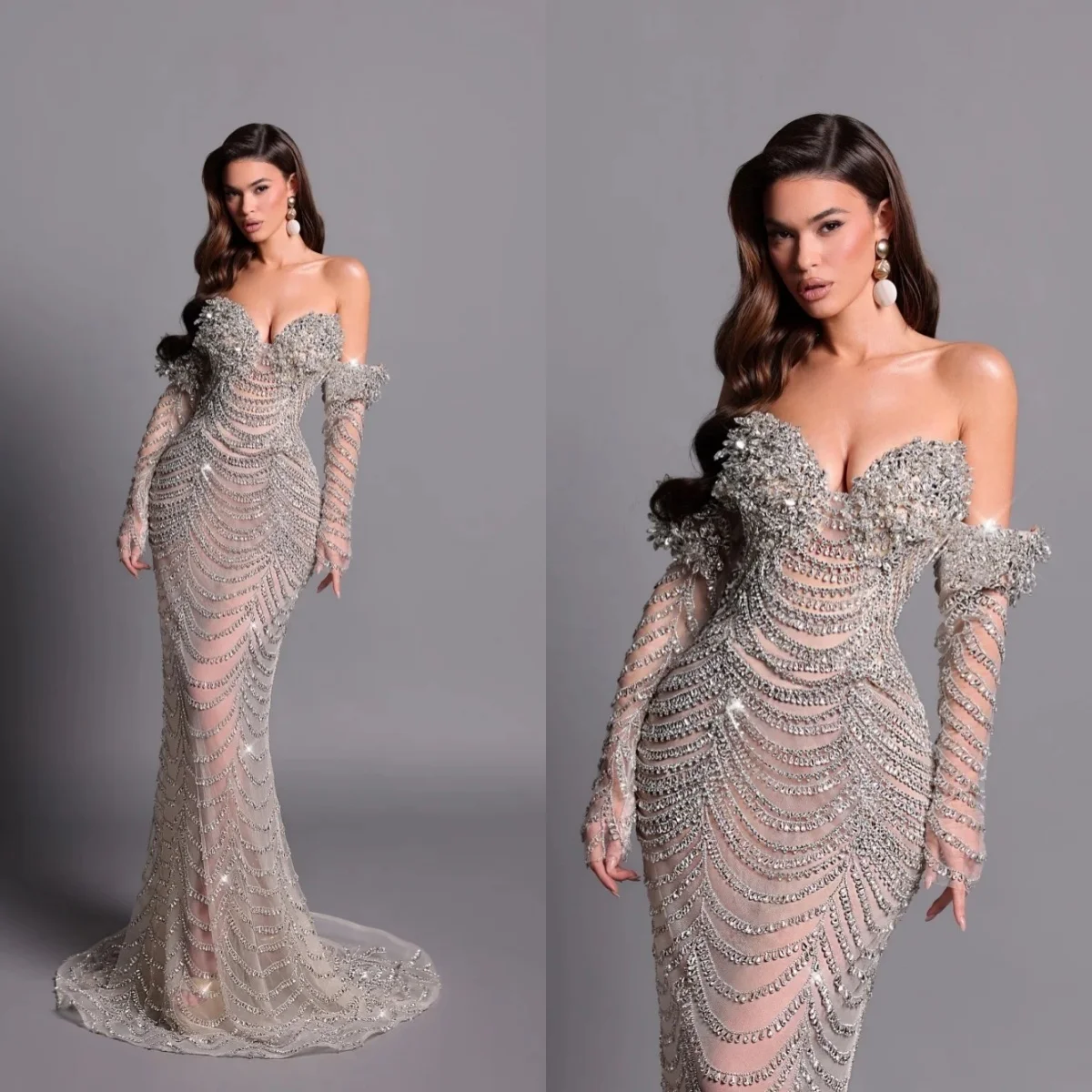 

Exquisite Mermaid Evening Dress Strapless Diamond Prom Gowns Illusion Beading Floor Length Celebrity Party Dresses Customized