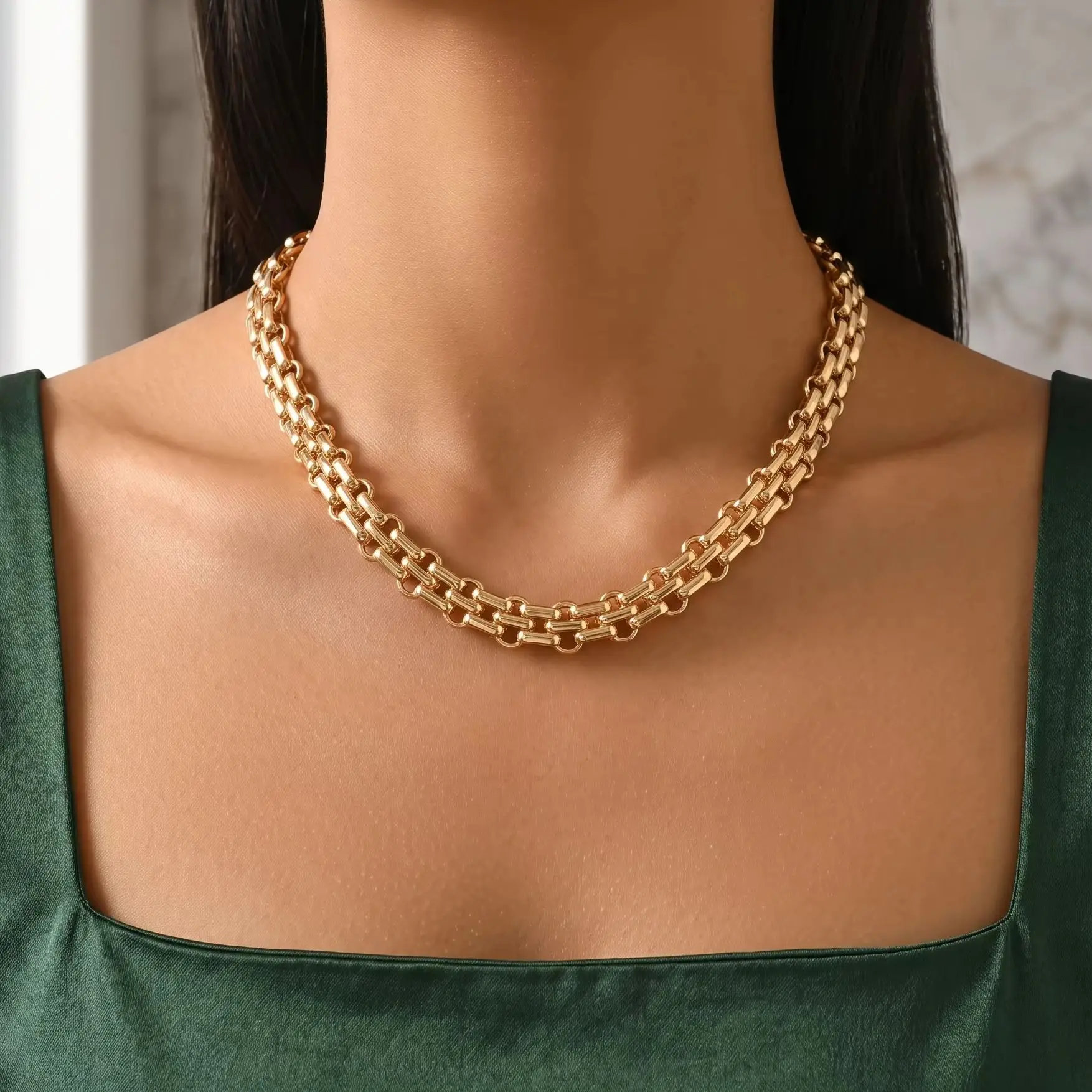 Women Chunky Chain Choker Necklace Gold Silver Plated Box Link Chain Statement Necklace Trendy Daily Wear Fashion Jewelry Gift