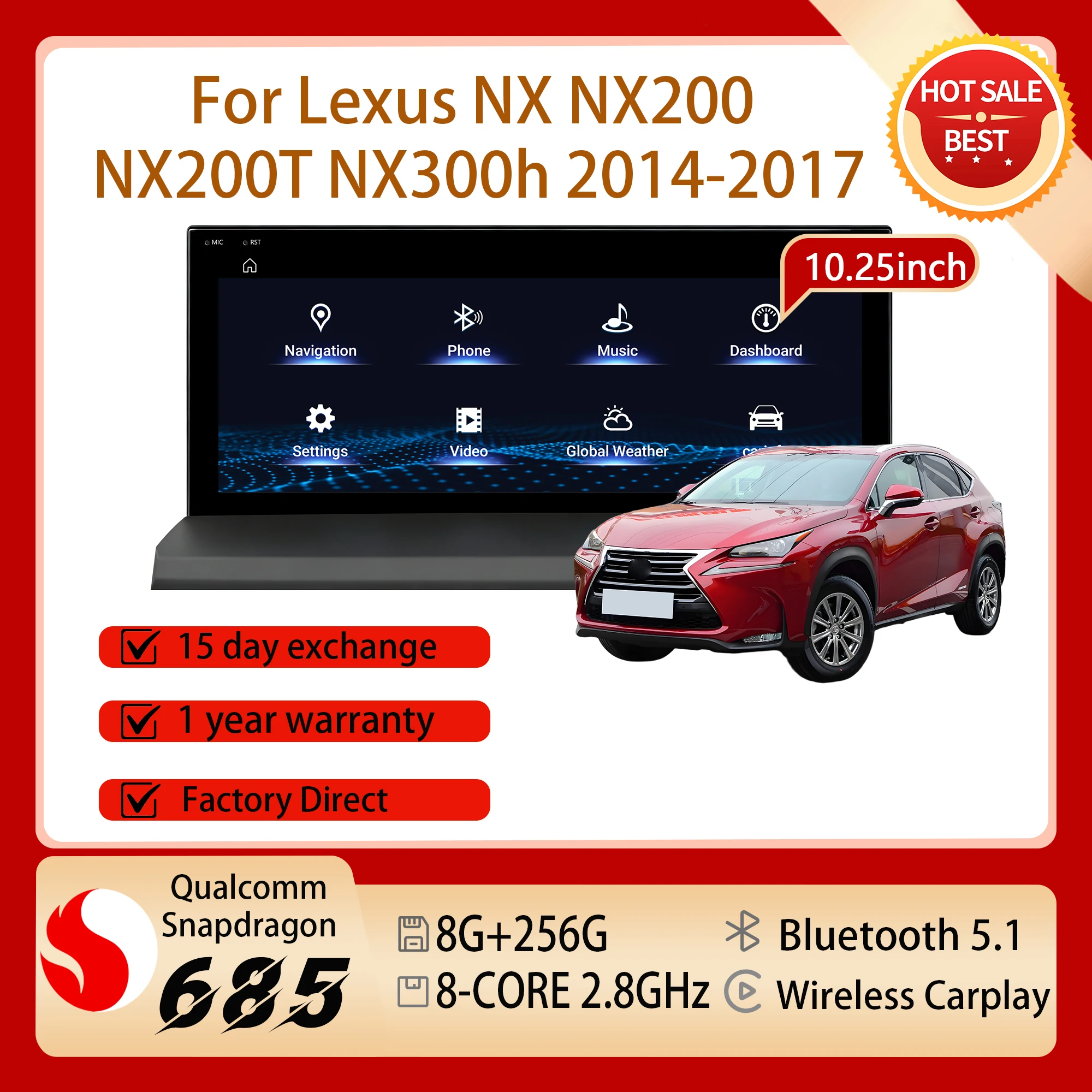 10.25'' Snapdragon 685 Touch Screen For Lexus NX NX200 NX200T NX300h 2014-2017 Android 14 GPS Navi Carplay Car Radio Multimedia