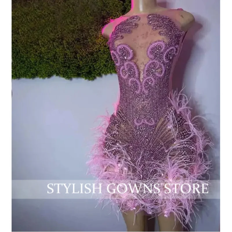 반짝이는 은색 시스루 짧은 프롬 드레스 흑인 소녀 비즈 장식 생일 맞춤형 아프리카 미니 칵테일 드레스 홈커밍