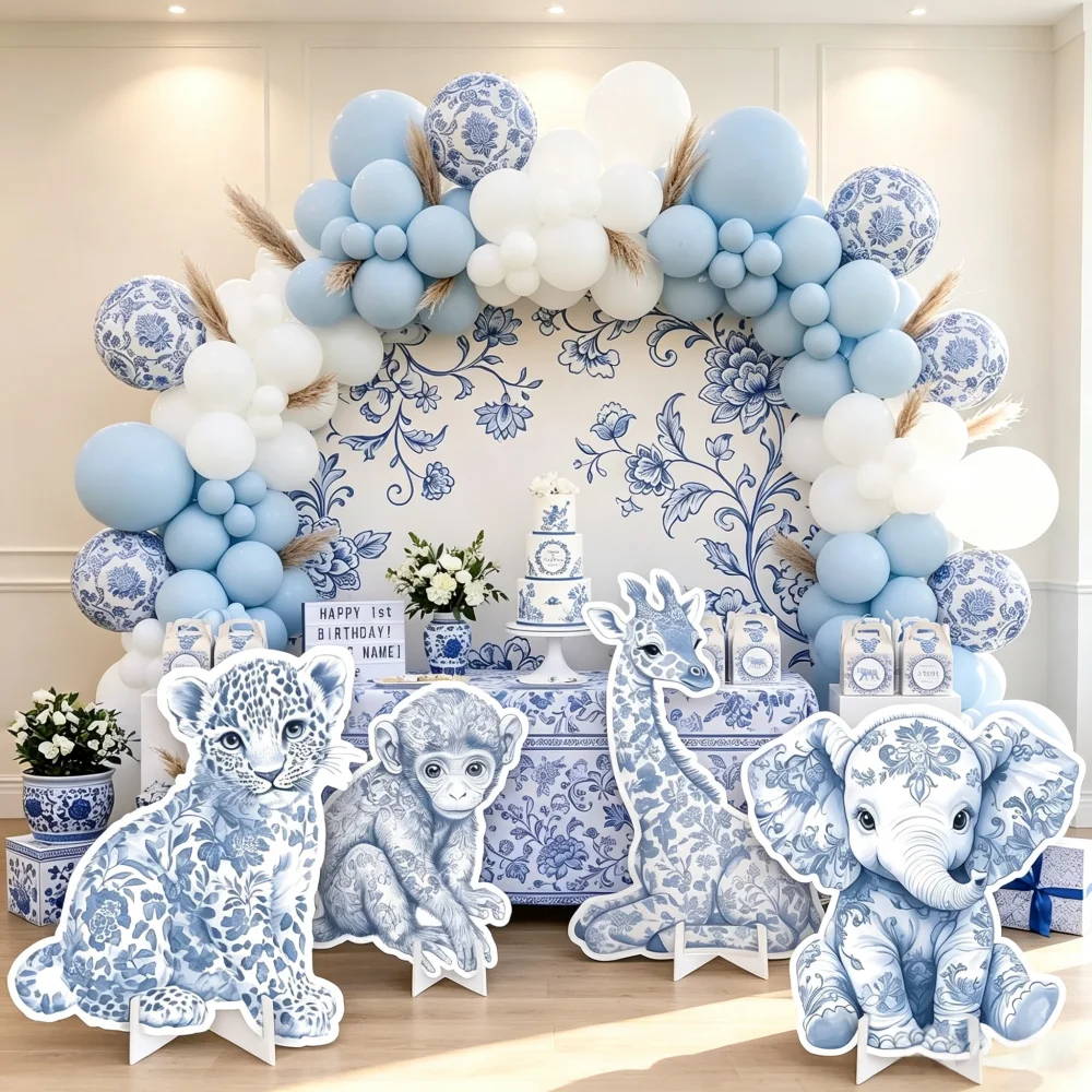 KT Board Blue Toile Safari Animals Cutout Chinoiserie Jungle Prop Boy Baby Shower Dusty Blue Watercolor Animal Decor