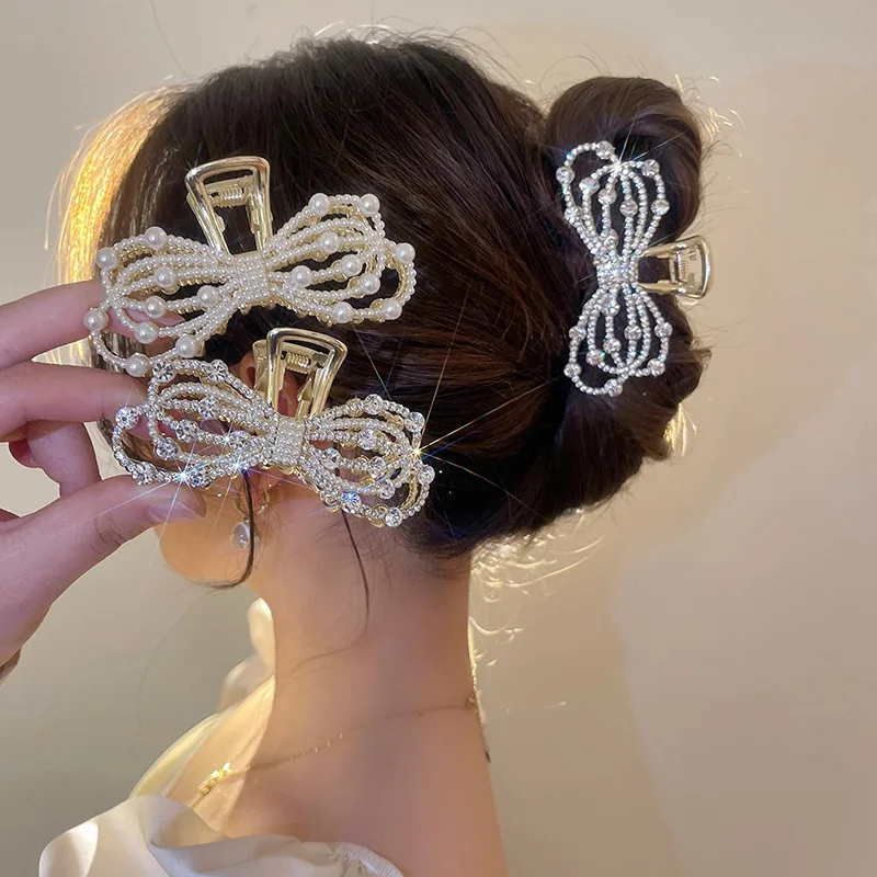 Fashion Shiny Bow-knot Pearl Shark Hair Clips Hairwear for Women Girls Textured Rhinestone Hollow Out Hair Accessories Heawear