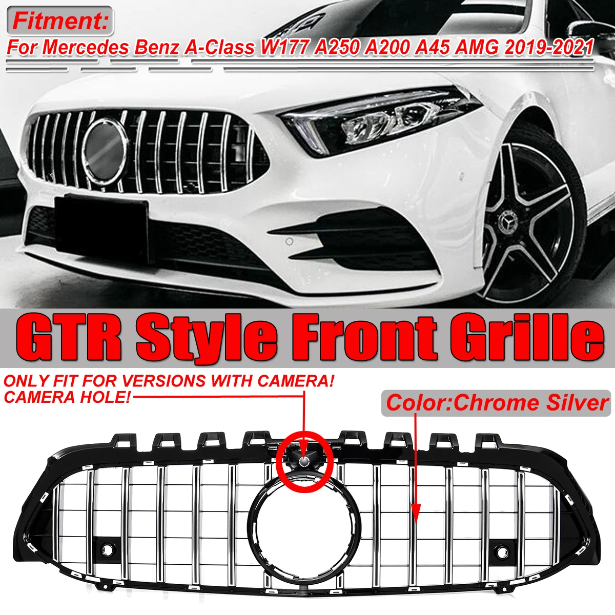 

W177 GT Style Car Front Bumper Grille Grill Cover For Mercedes For Benz A-Class W177 A180 A200 A45 For AMG W/Camera 2019-2021