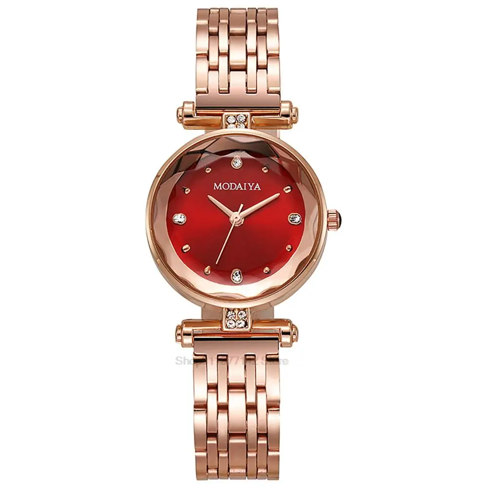 Luxury Branded Refined Red Ladies\' Diamond-set Alloy Quartz Watch Fashion Women Plating Stainless Steel Strap Gift Clock