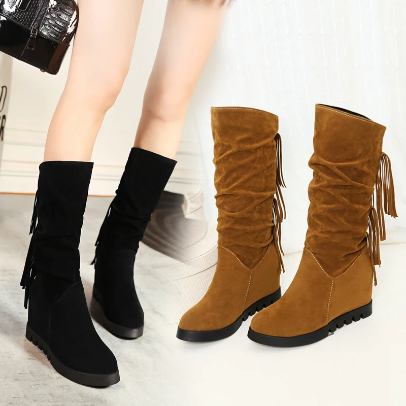 2024 new spring antumn women mid-calf boots plus size 22-26.5cm flock upper Internal elevation tassel round toe women's boots