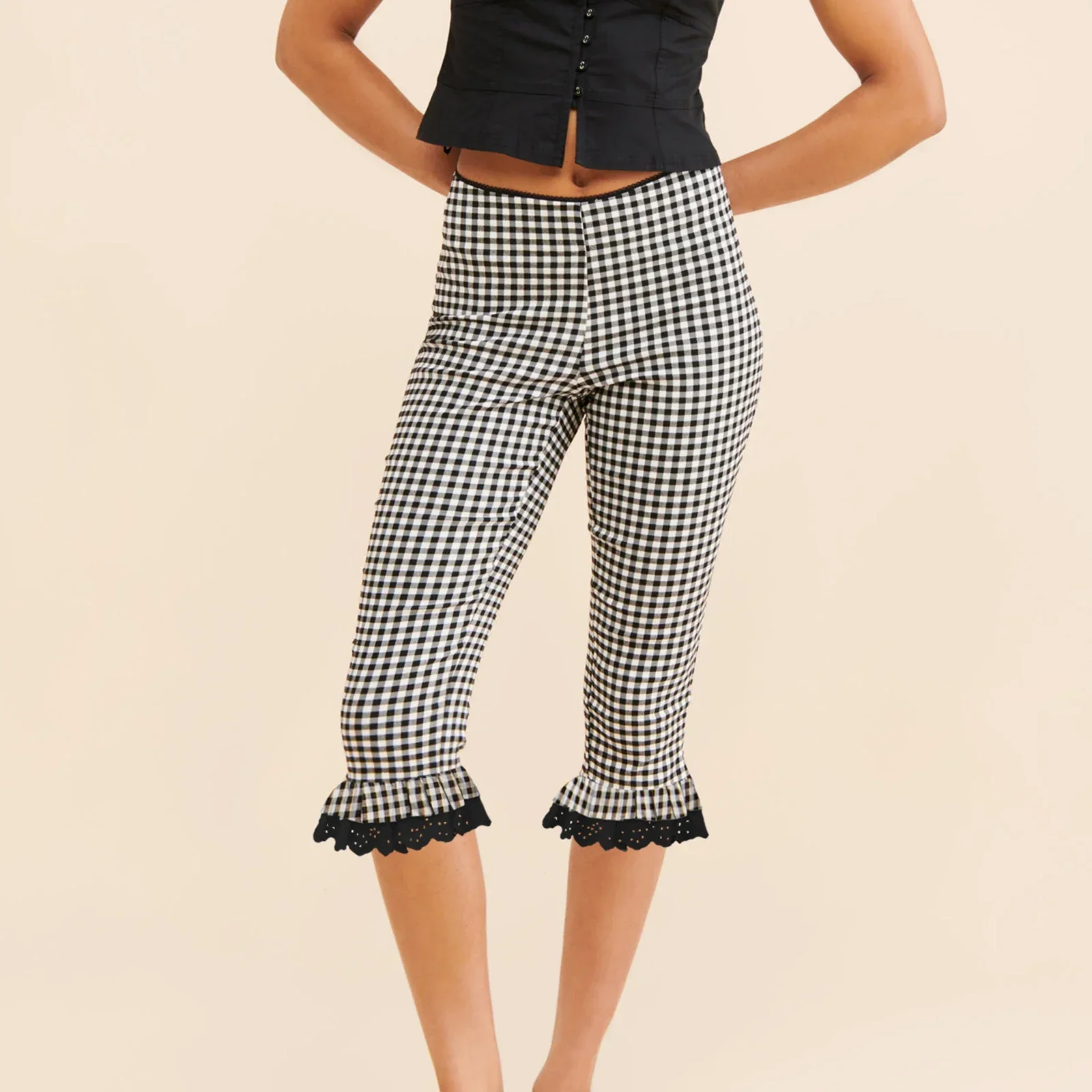 

2025 Lace Trim Capri Leggings for Women Y2K Plaid Low Waist Knee Length Crop Pants Summer Cute Going Out Tights Pants