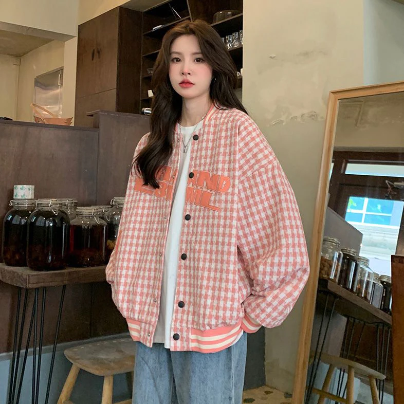 Stunning Plaid Baseball Jacket for Women Autumn Winter Outerwear Student Fashion Trend Button Detail Embroidery Pocket Design