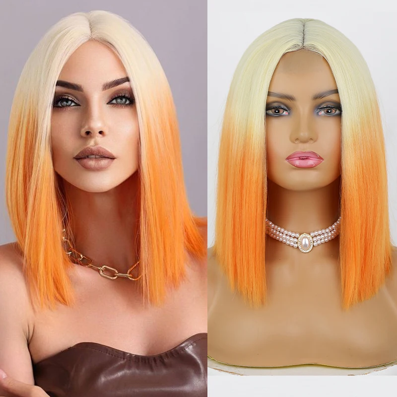 

Short Straight Synthetic Wigs for Women Blonde Orange Ombre Bob Wig Natural Shoulder Length Cosplay Wig High Temperature Fiber