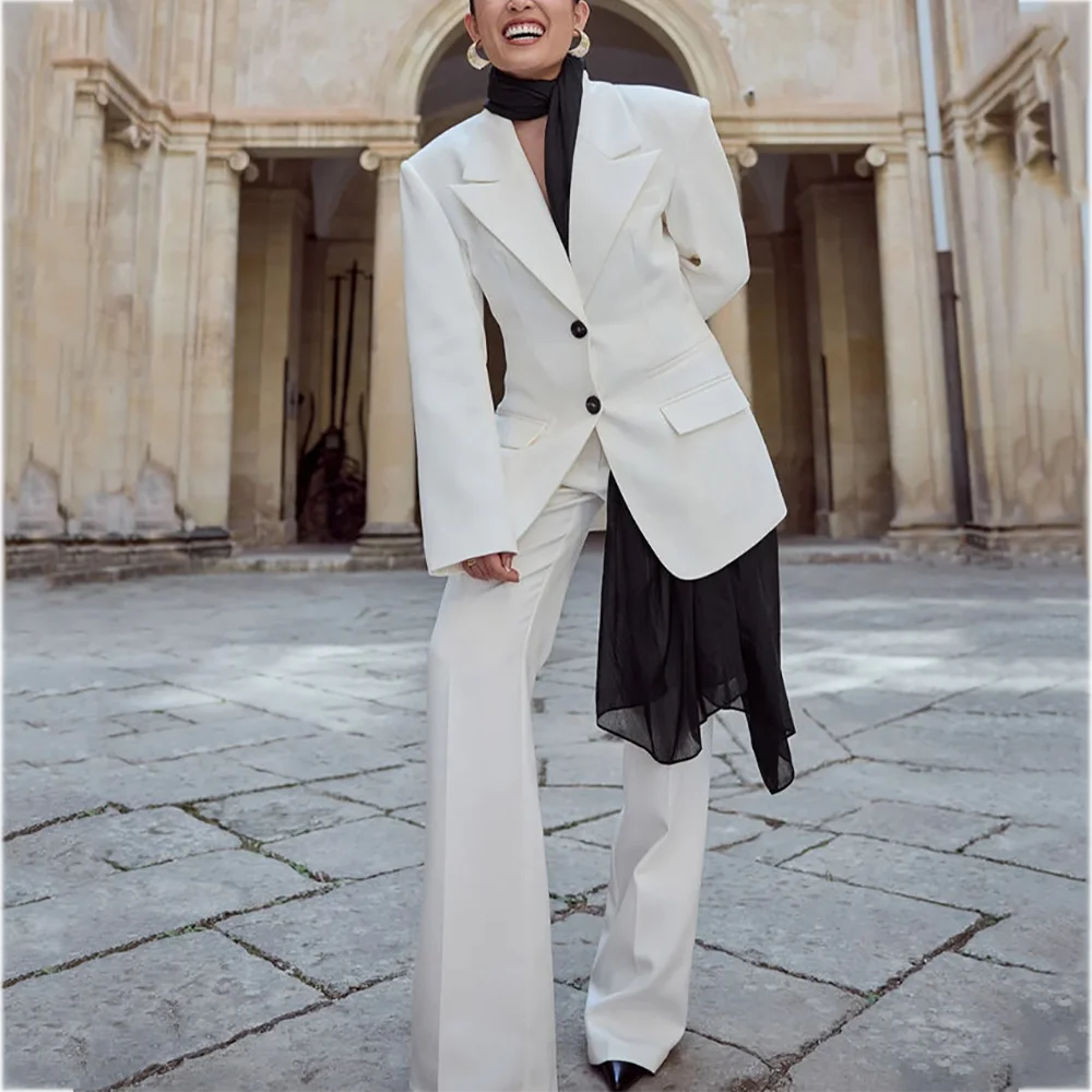 

Элегантный белый костюм для женщин с остроконечными лацканами, классический однобортный костюм из двух предметов в уличном стиле, повседневная одежда, куртка, брюки