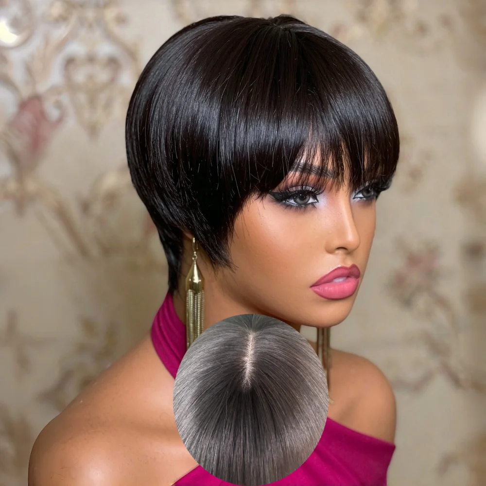 Full Machine Made Human Hair Wig Short Bob Wig With Bangs Simulation Scalp Top Natural Looking Wigs For Women Daily Wear