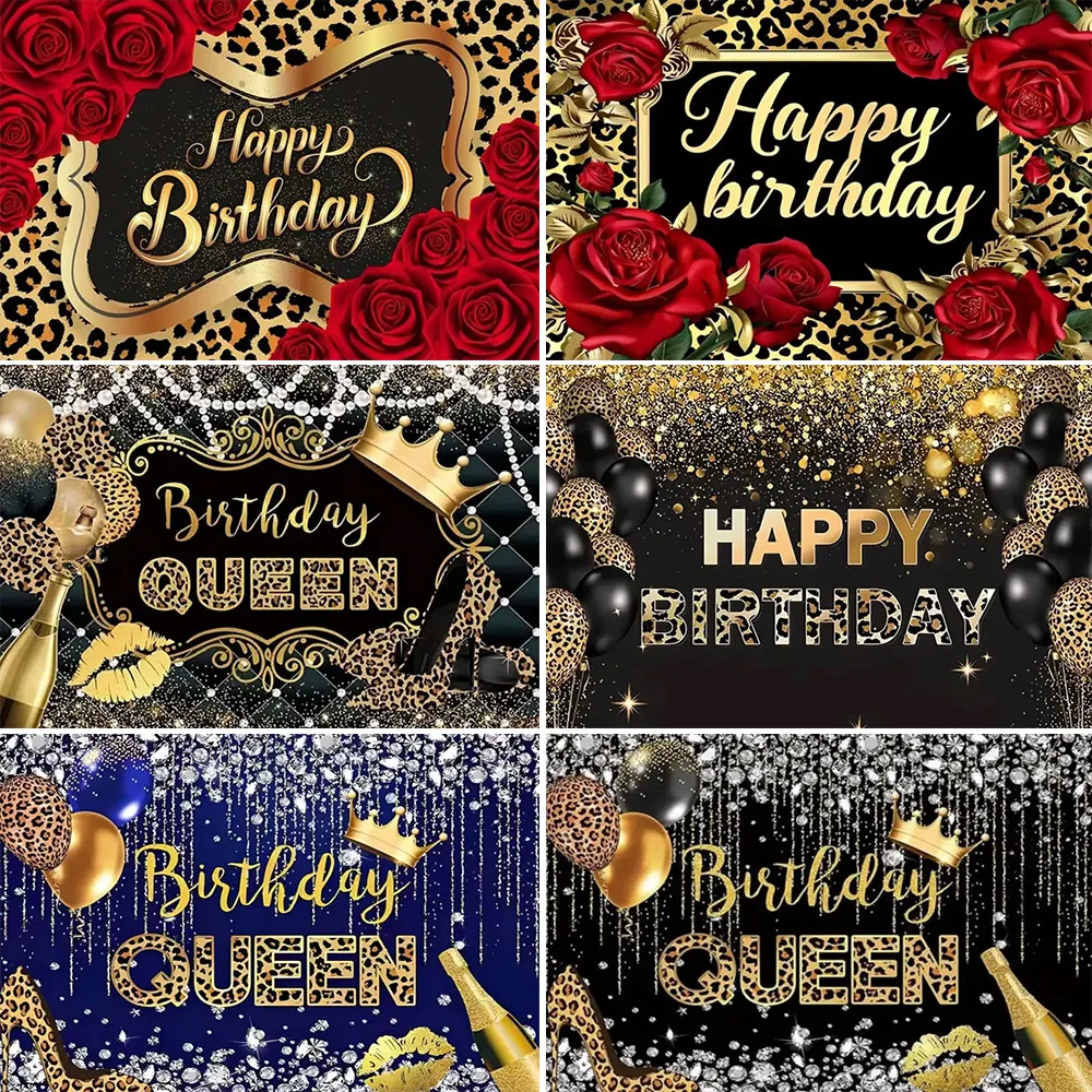 

Halo Girl Birthday Background Rose Champagne Leopard Theme Black Gold Diamond Balloon Party Decor Gift Banner Photography Props