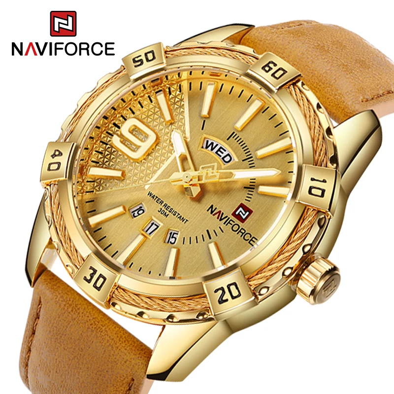 NAVIFORCE Fashion Watch for Men Gold Luxury Sport Waterproof Military WristWatch Business Casual Leather Strap Date Clock 9117