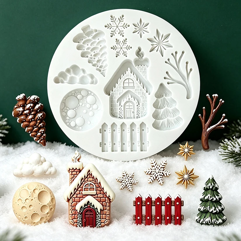 Snow House Tree Fence Snowflake Christmas Silicone Mold Sugarcraft Chocolate Cupcake Baking Mold Fondant Cake Decorating Tools