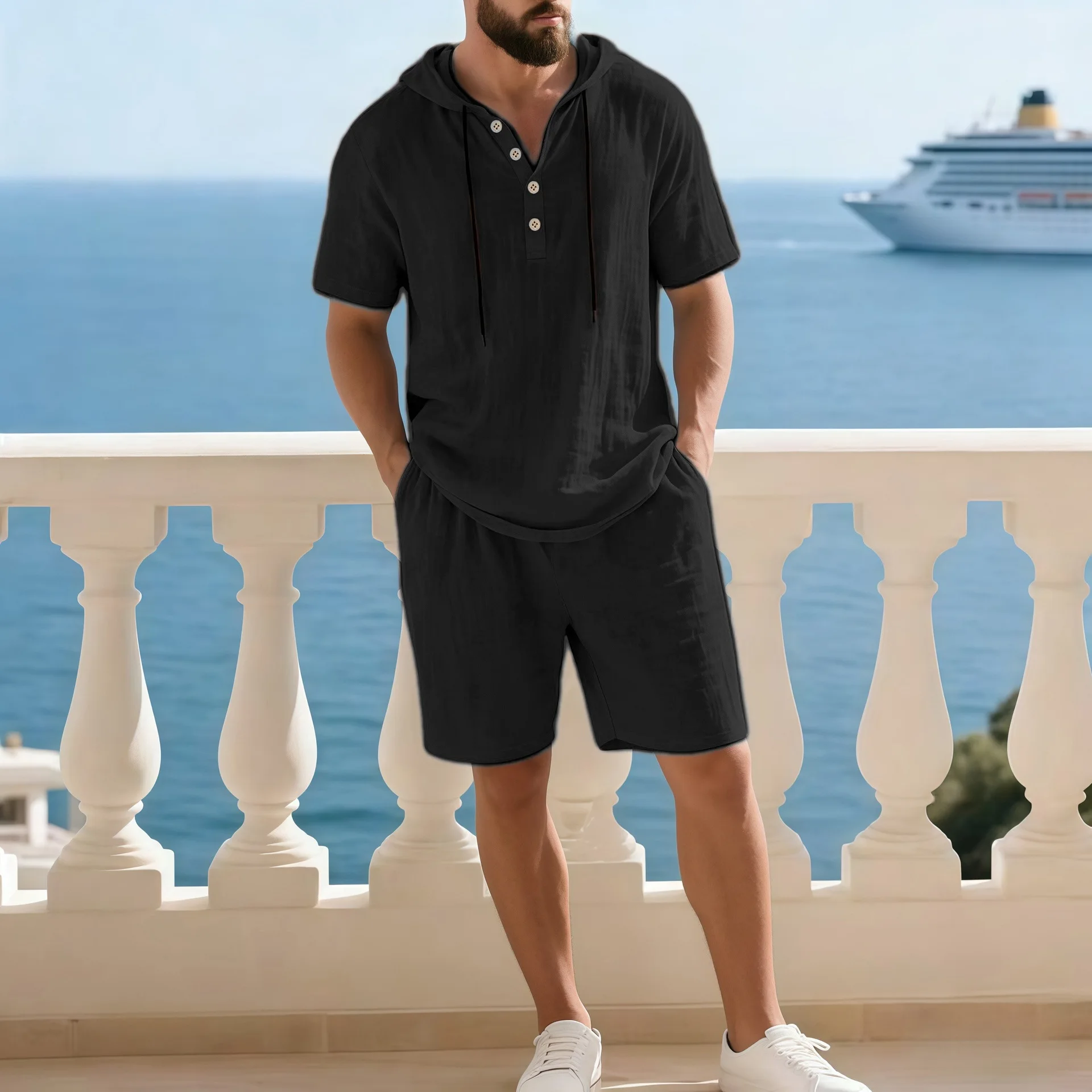 

2026 Summer New Mens Cotton Linen Solid Color Two Piece Set Short Sleeve Shirt Shorts Loose Hooded Casual Home Wear Ten Colors