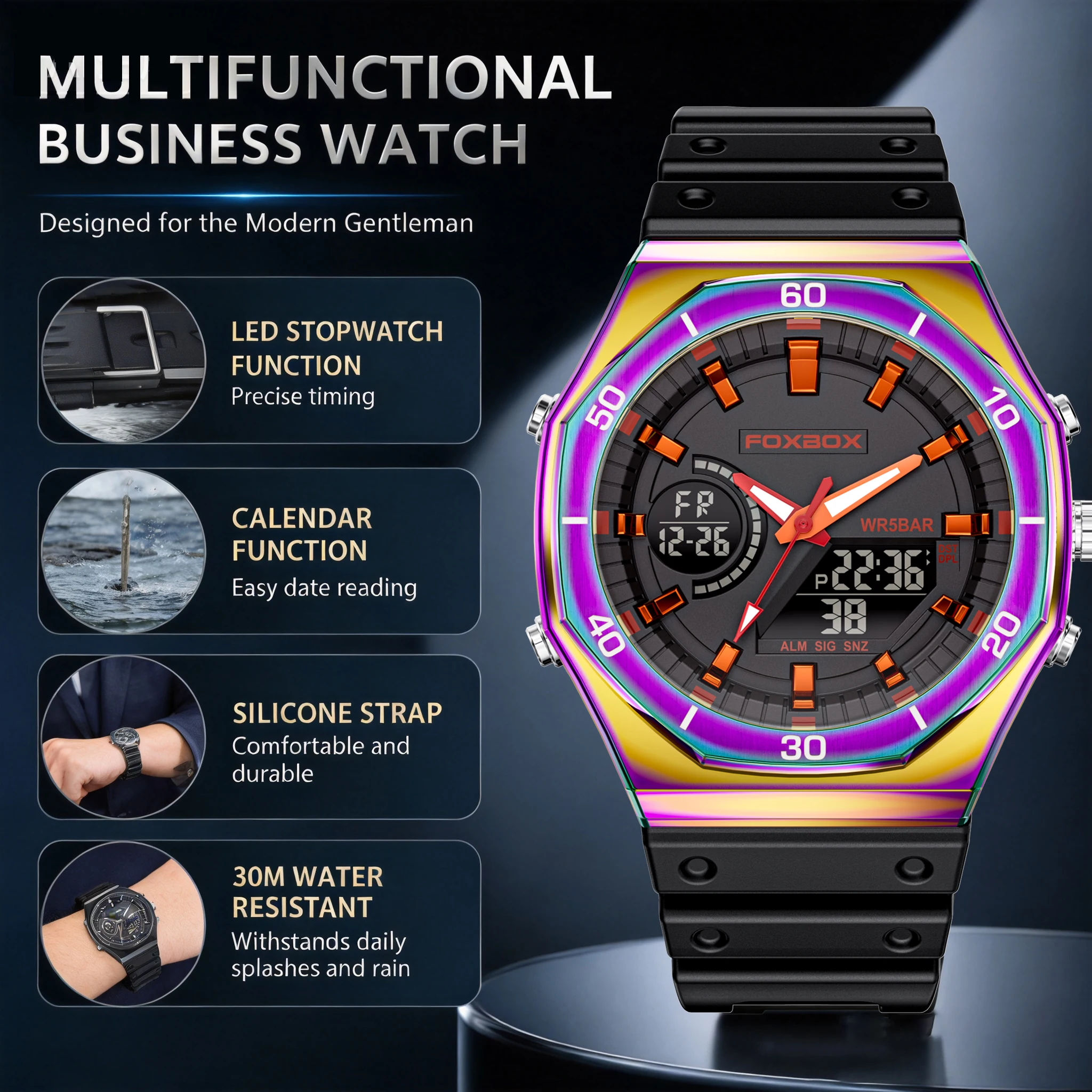 FOXBOX New Dual display Watches For Men Casual Sports Chronograph Quartz Big Dial Wrist Watch Silicone Waterproof Digital Clock