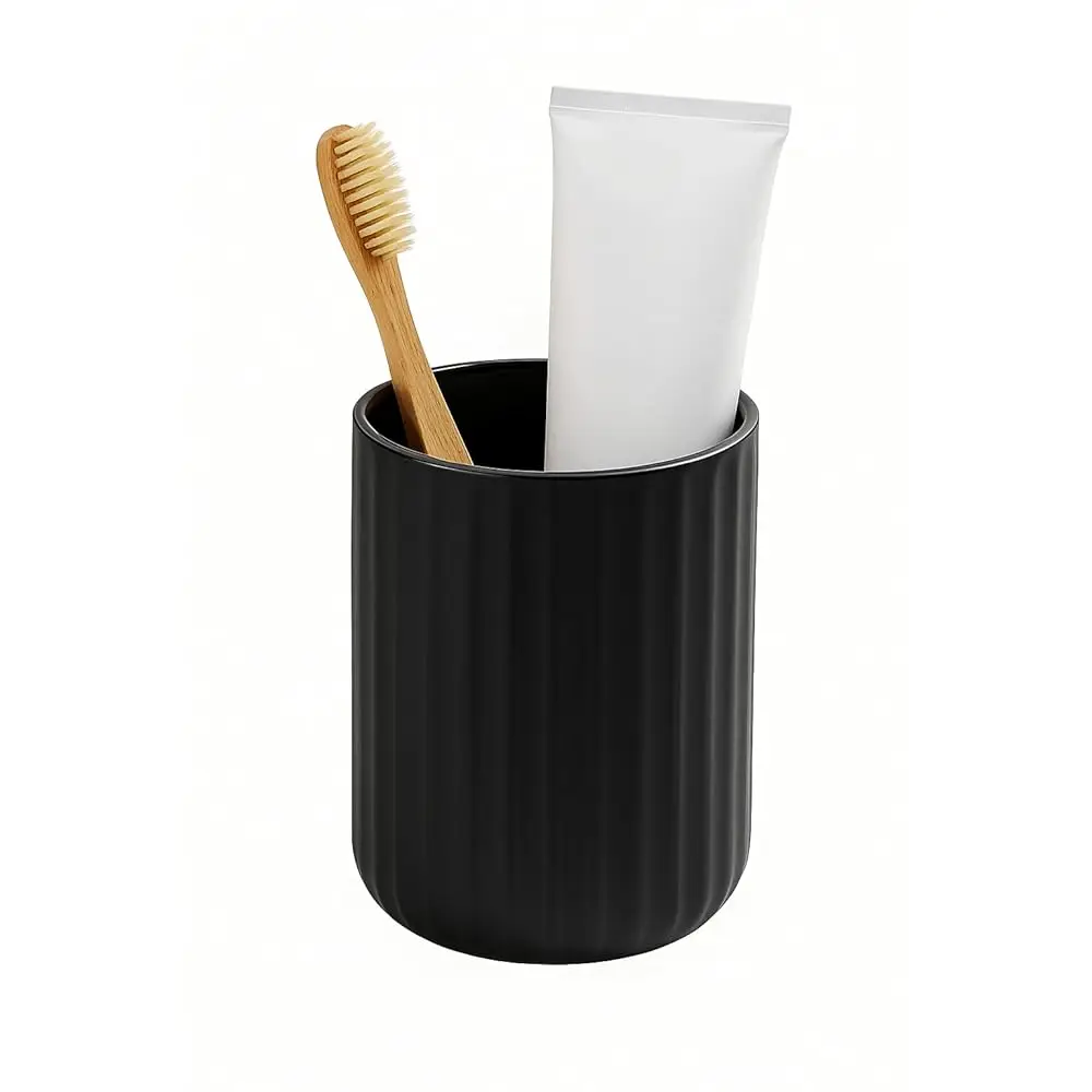 

Black Ceramic Toothbrush Holder Cup – 13.5oz Bathroom Tumbler with Vertical Stripe Texture, Modern Toothbrush or Makeup