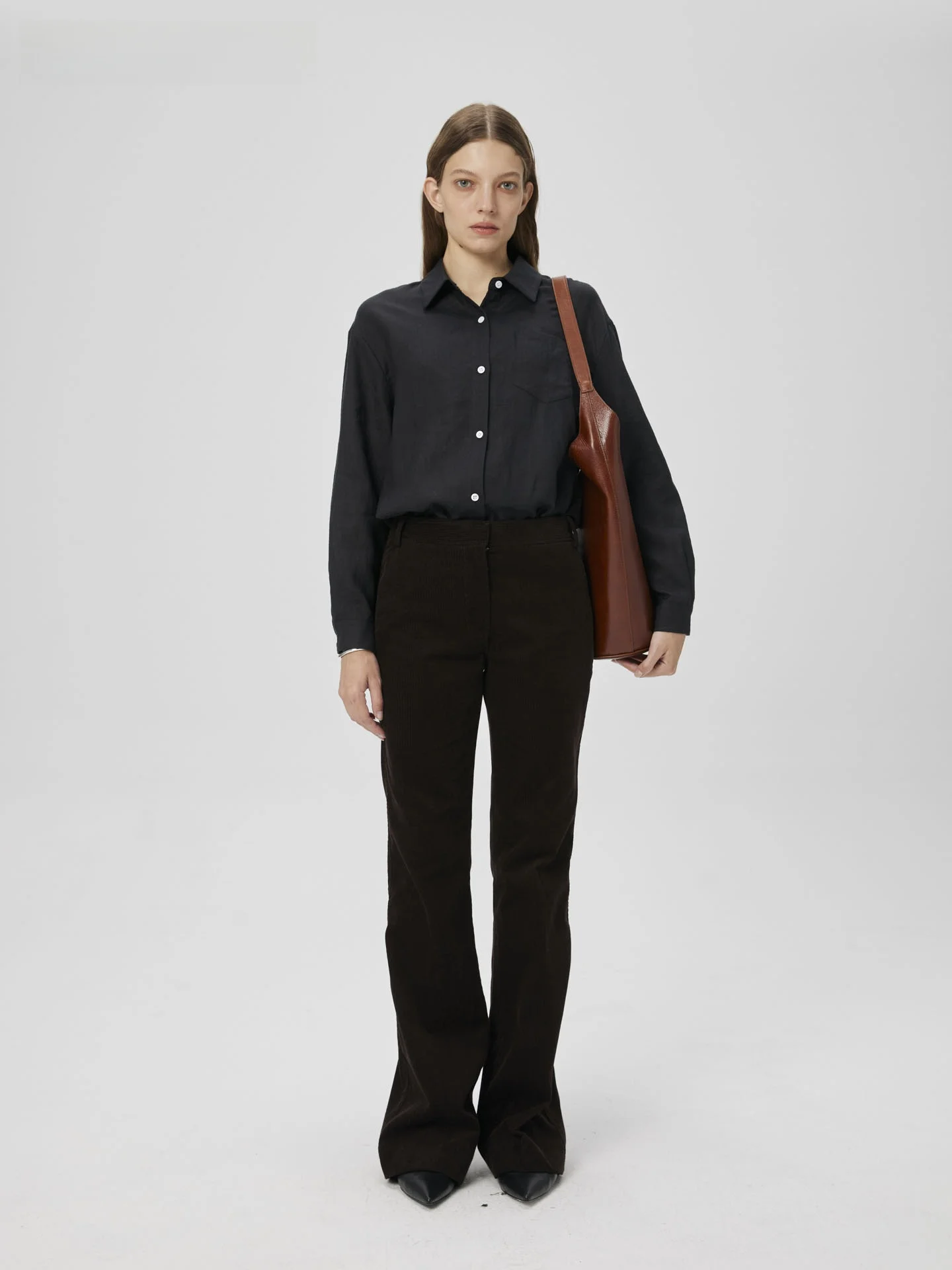 

Onde Flottante Autumn New Style Loose Fit Pure Linen Long Sleeve Black Shirt Women's Top Button Detail Moisture Wicking