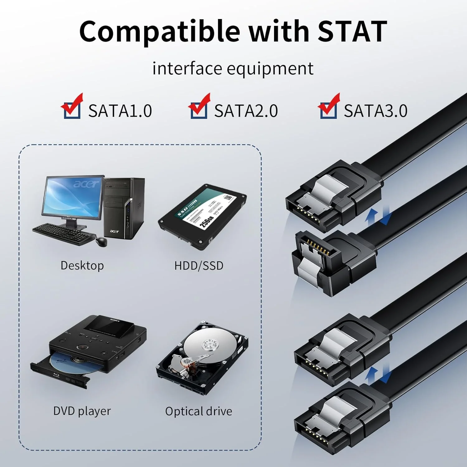 SATA 케이블 III 각도 및 직선 SATA 데이터 케이블, HDD SSD CD 드라이버 CD 라이터용 잠금 래치 포함, 블랙 Sata 3 코드, 6Gbps, 50cm