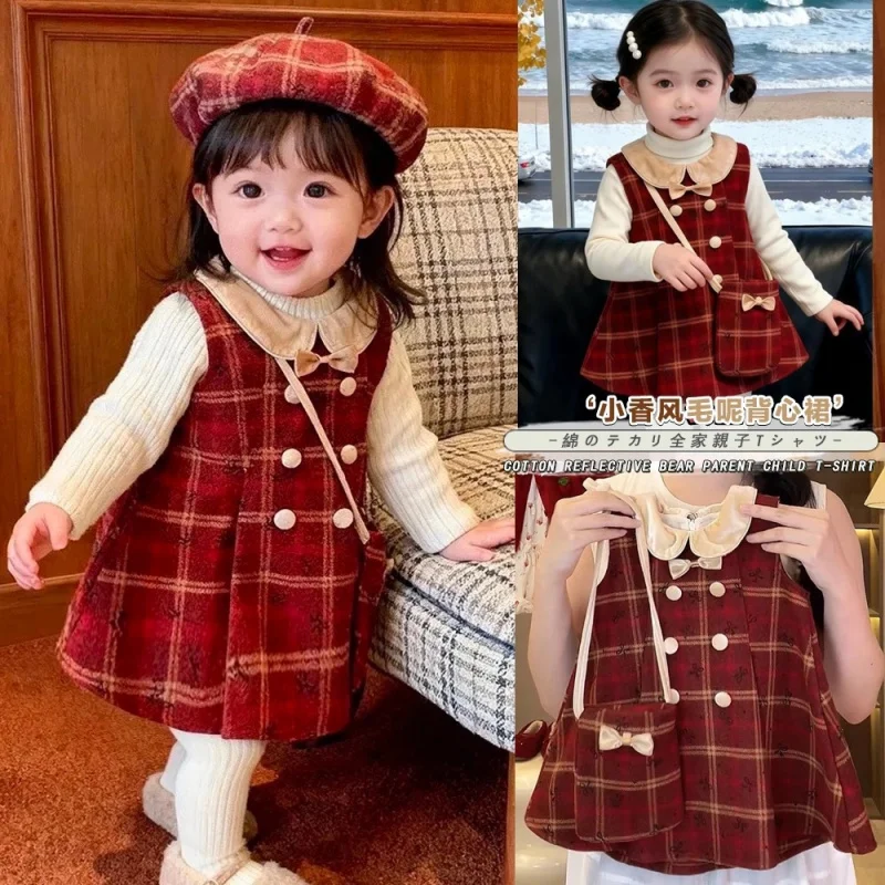 

Baby Girl Red Plaid Fleece-Lined Vest Dress for Autumn and Winter2025New style children's trendy Christmas and New Year dress