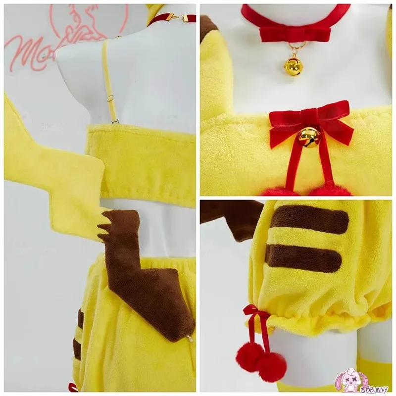 Pikqiu Cosplay Derivative Set di Lingerie Sexy Peluche Pigiama Homewear Kawaii Soffici Top Corto e Pantaloncini con Coda di Fascia
