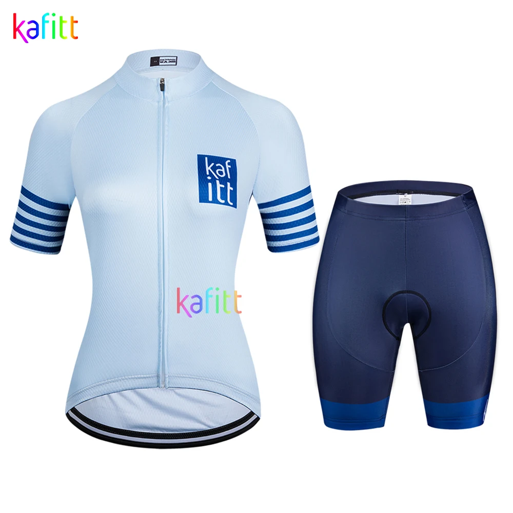 Kafitt Women‘s Blue Short Sleeve Cycling Jersey Bib Sets Breathable 20D Gel Pad Girl Bike Clothing Bicycle Shirt 2 Pieces Summer