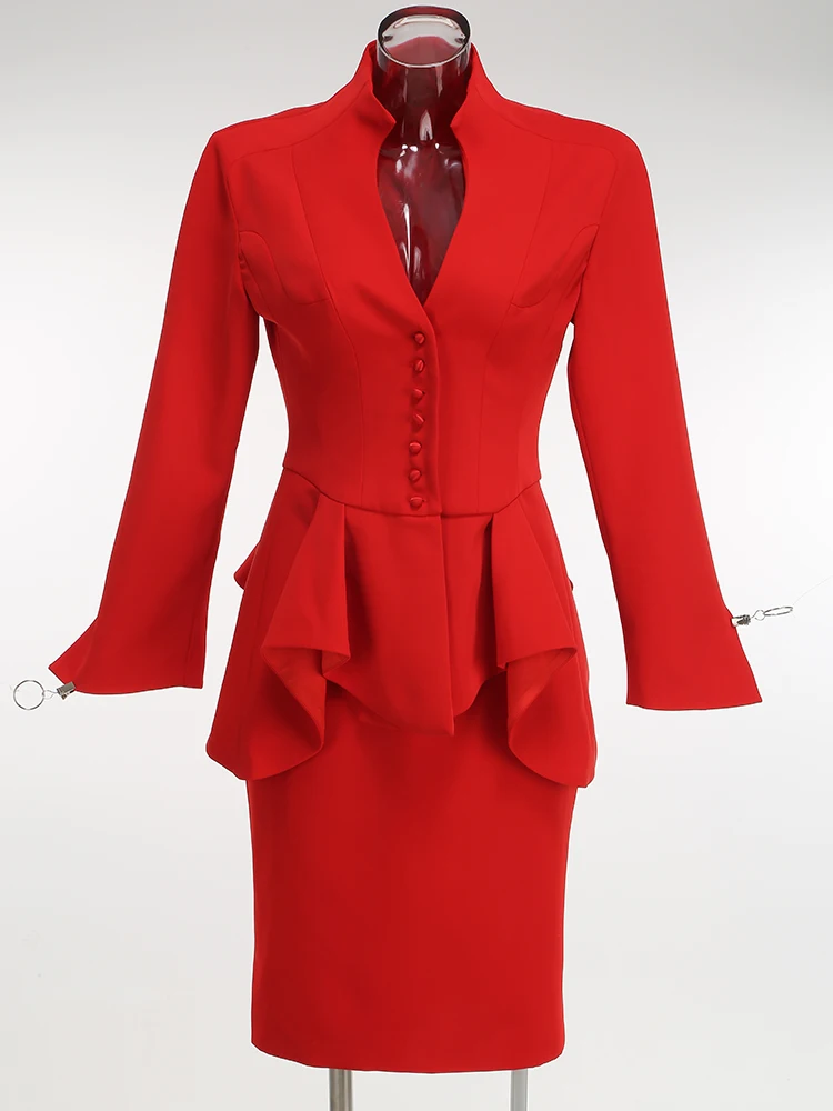 

Elegant Vintage Sweet Sexy Red Mermaid V-Neck Stylis Mini Dress Office Lady Suit Long Sleeve Top & Split Bodycon Midi Skirt