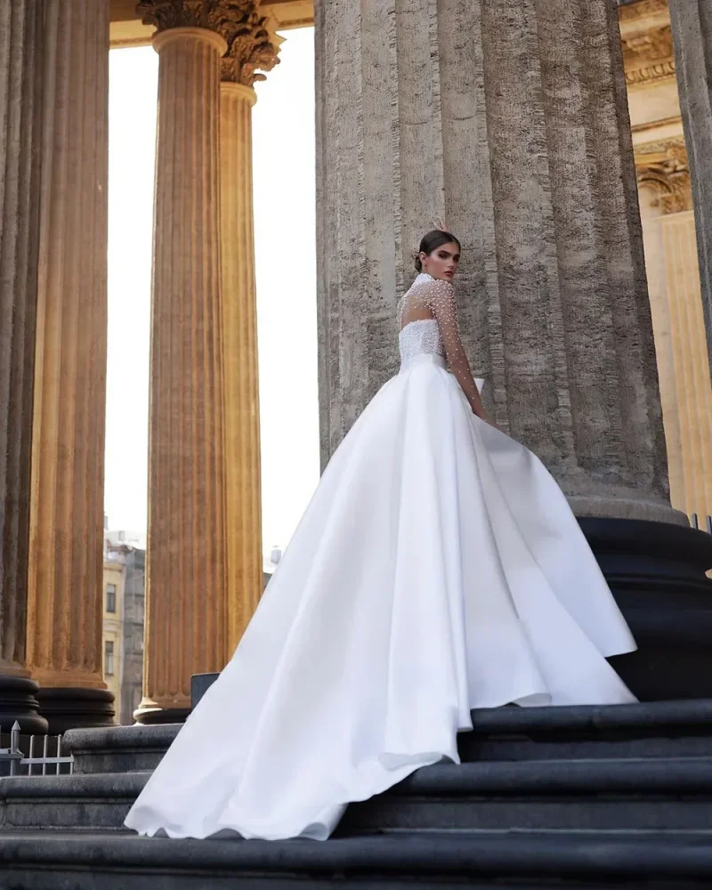 Personalizado nuevo lujo blanco Vestido De novia De cuello alto con lazo en la cintura encaje perla manga larga princesa novia Vestido De novia 2025