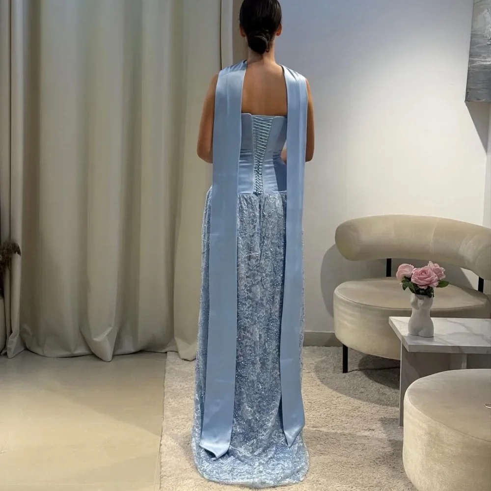 BABYONLINE فساتين سهرة مخصصة مزينة بالدانتيل الساتان للنساء بدون حمالات حورية البحر فساتين شال طويل