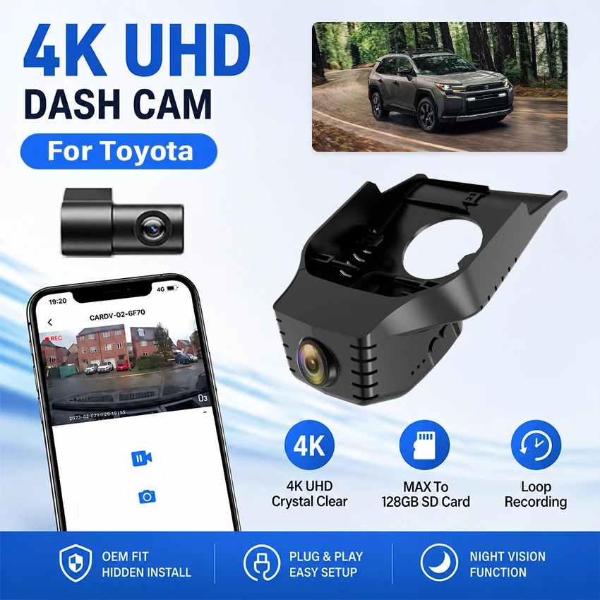 Night Vision 4K HD Dash Cam for Toyota RAV4 4/5/6th Gen 2016-2026, Plug and Play 2160P Car DVR for Harrier/Venza, Suzuki Across