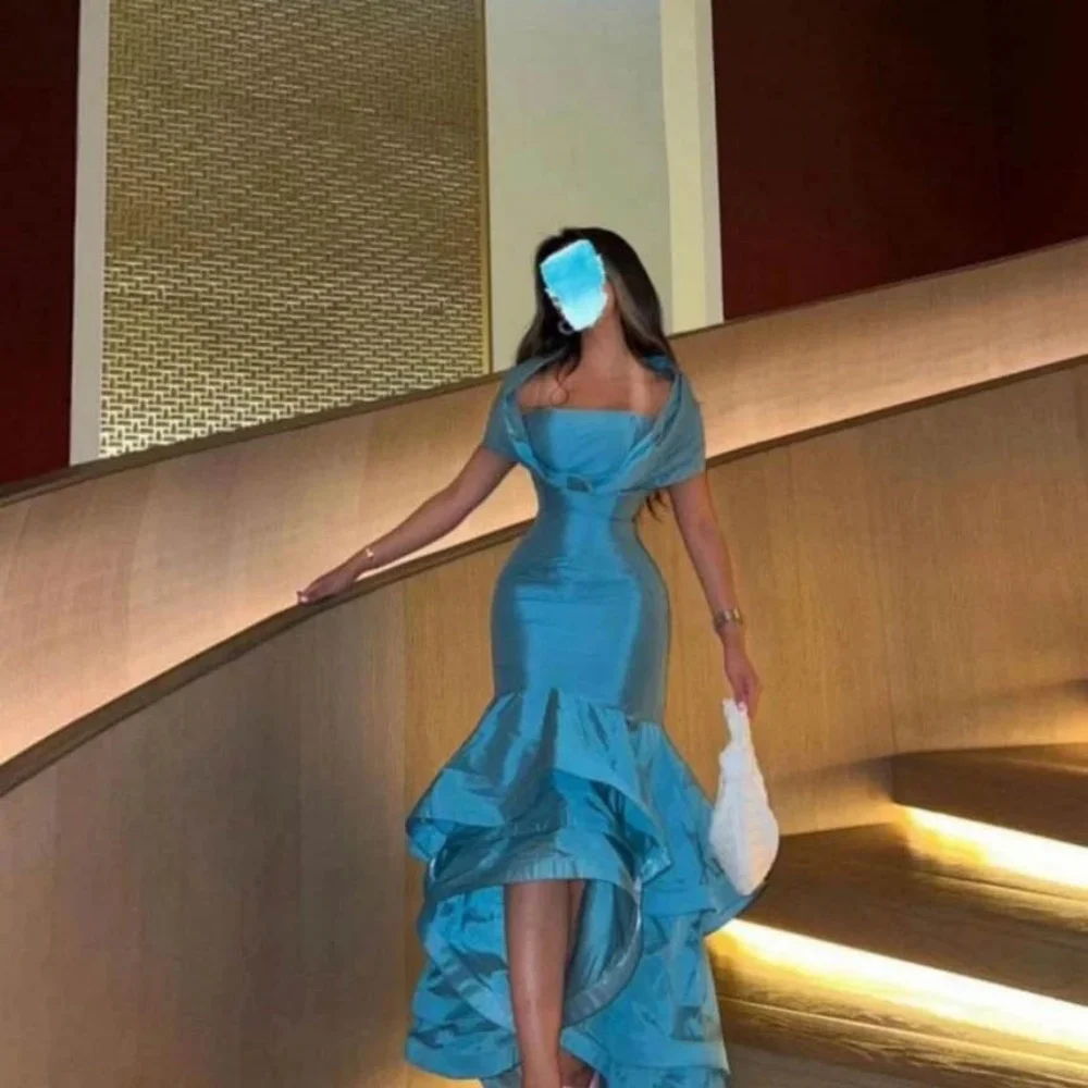 

Customized Exquisite Sleeveless Mermaid Evening Dress Charming High Low Prom Dress Sexy Boat Neck Satin Party Gown вечернее плат