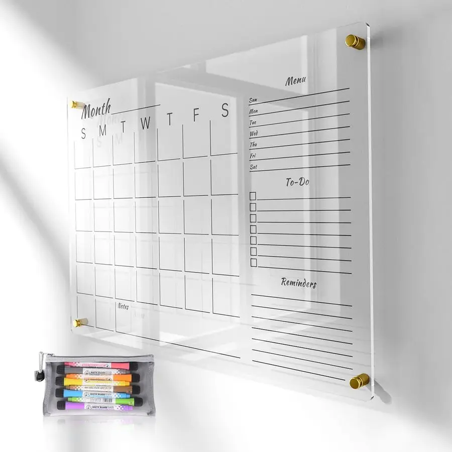

Прозрачный акриловый настенный календарь с поверхностью для сухого стирания, большая ежемесячная доска-планировщик, включает в себя яркие маркеры, ластик, многоцветный Mo