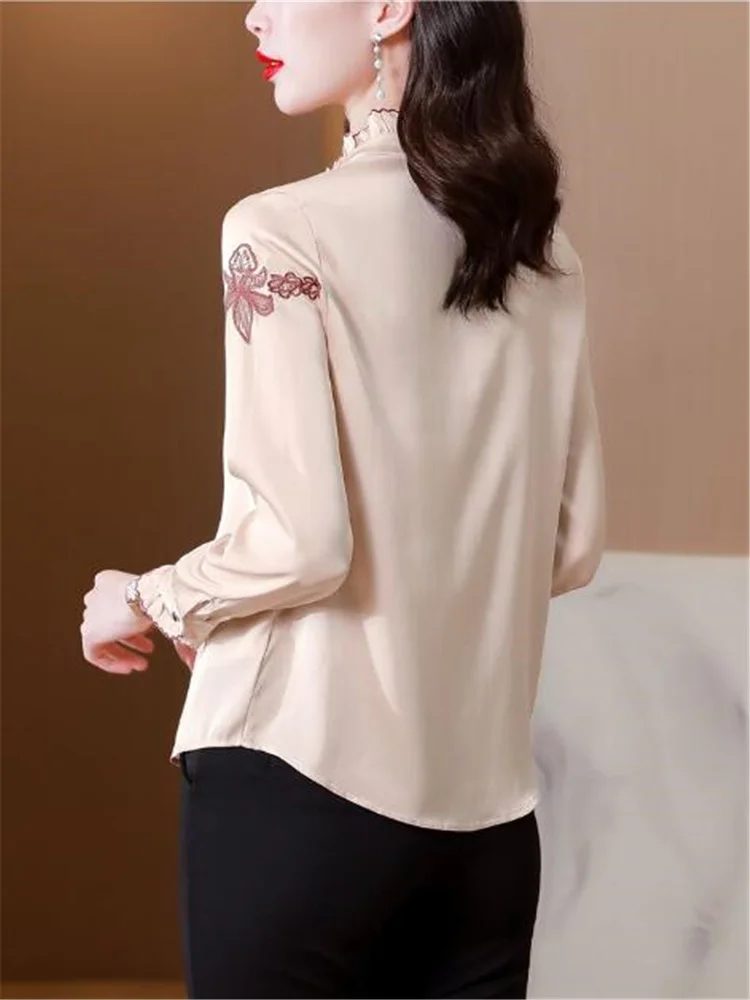 Ruffle Edge Blouses Silk Shirt For Women Long Sleeve Woman Clothes Shirt Embroidery Shirt Sation Female Blouses Button Up Top