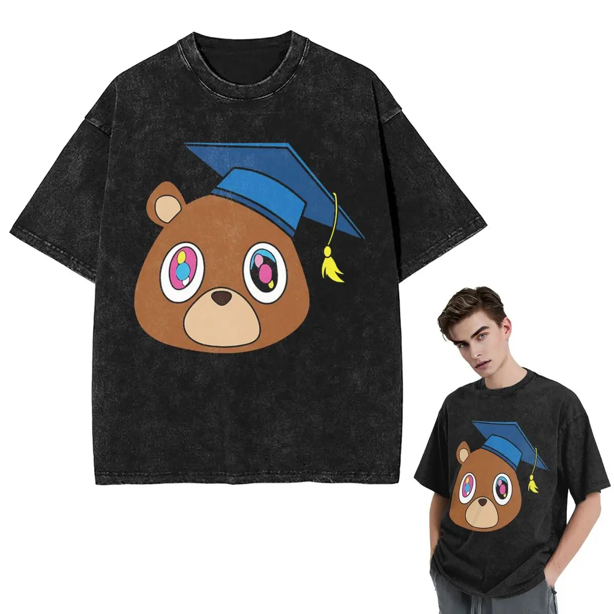 

Уличная одежда Футболки Kanye West Dropout Bear Chicago Винтажная выпускная стираная футболка Футболка с короткими рукавами Топы Футболки