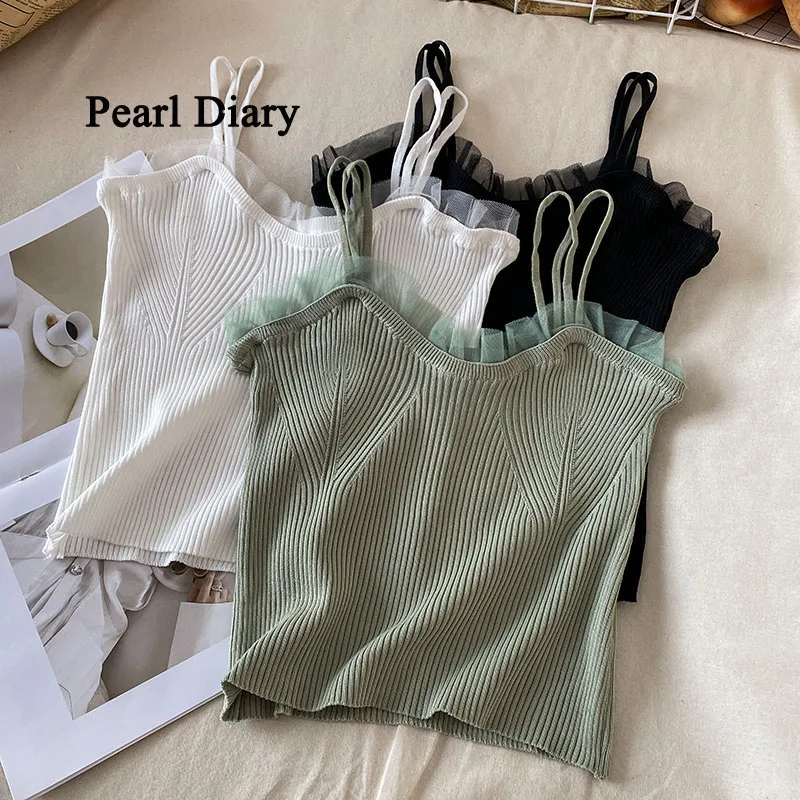 Pearl Diary Summer Chic Pure Colour Y2k Clothes Chiffon Neck Shoulder Strap Sexy Top Women Lace Join Together Knitting Vest Top