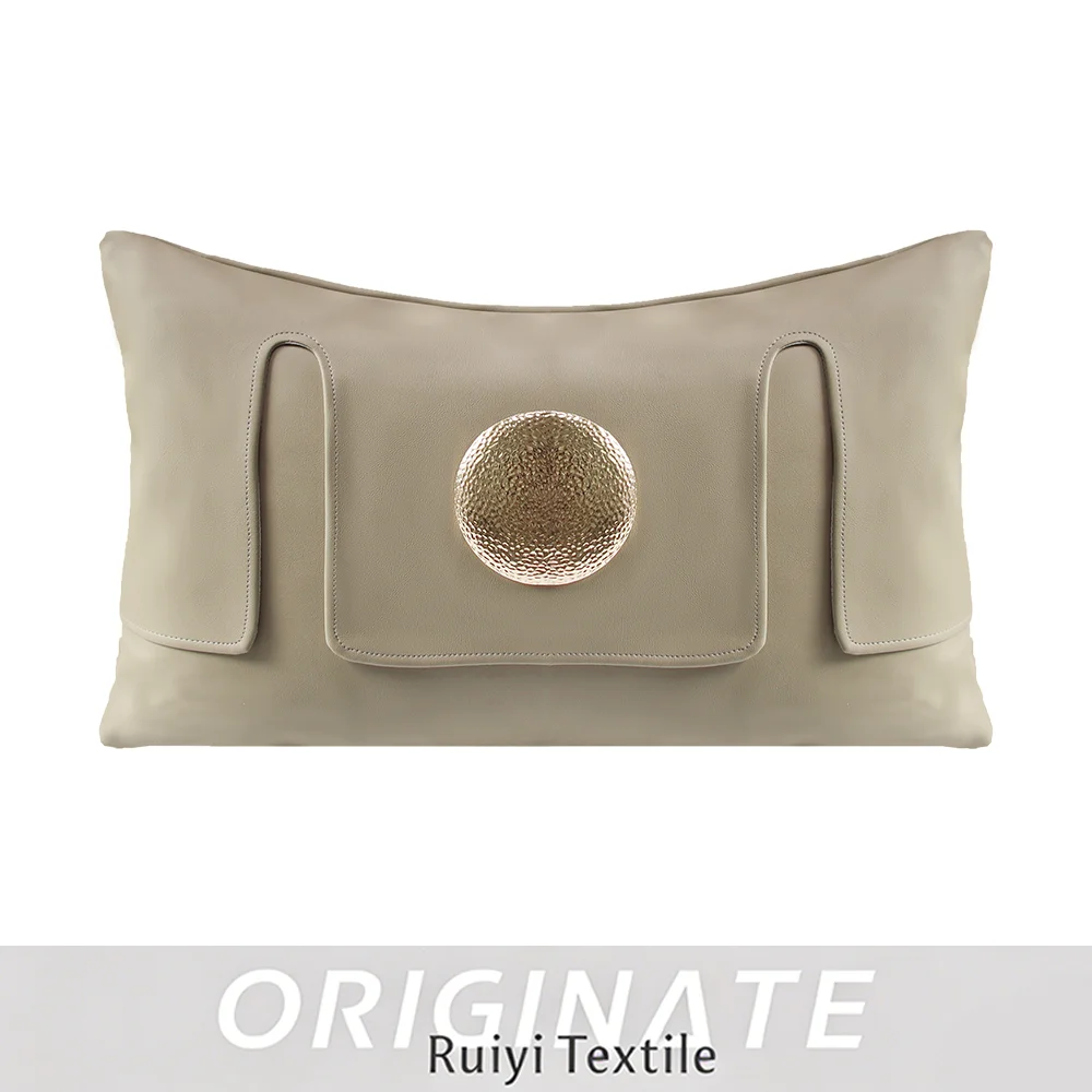 RUIYI Beige Faux Leather Lumbar Pillow Case Hammered Round Gold Metal Decor Waist Cushion Cover Luxury Sofa Bedroom Decor